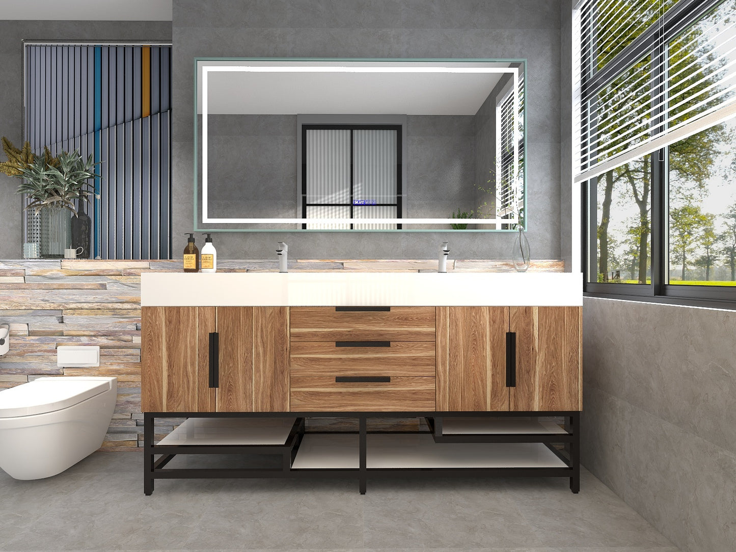 Bethany 72" Freestanding Bathroom Vanity with Reinforced Acrylic Double Sink in White Oak with Black Handles | Better Vanity Bath Vanities