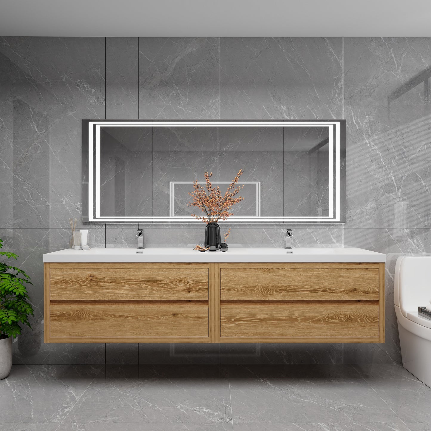 Louis 84" Solid Wood Floating Bathroom Vanity with Double Sink in Yellow Oak | Better Vanity Solid Wood Floating Vanities