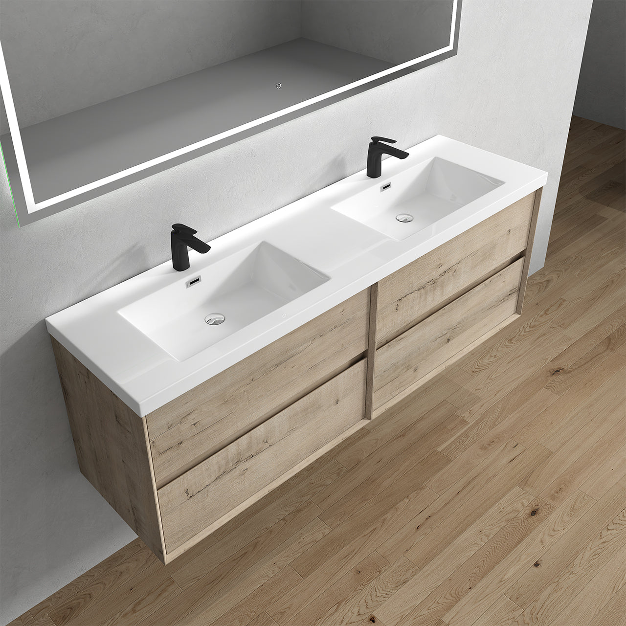 Kingdee 72" Light  Oak Wall Mounted Vanity with Reinforced Acrylic Sinks