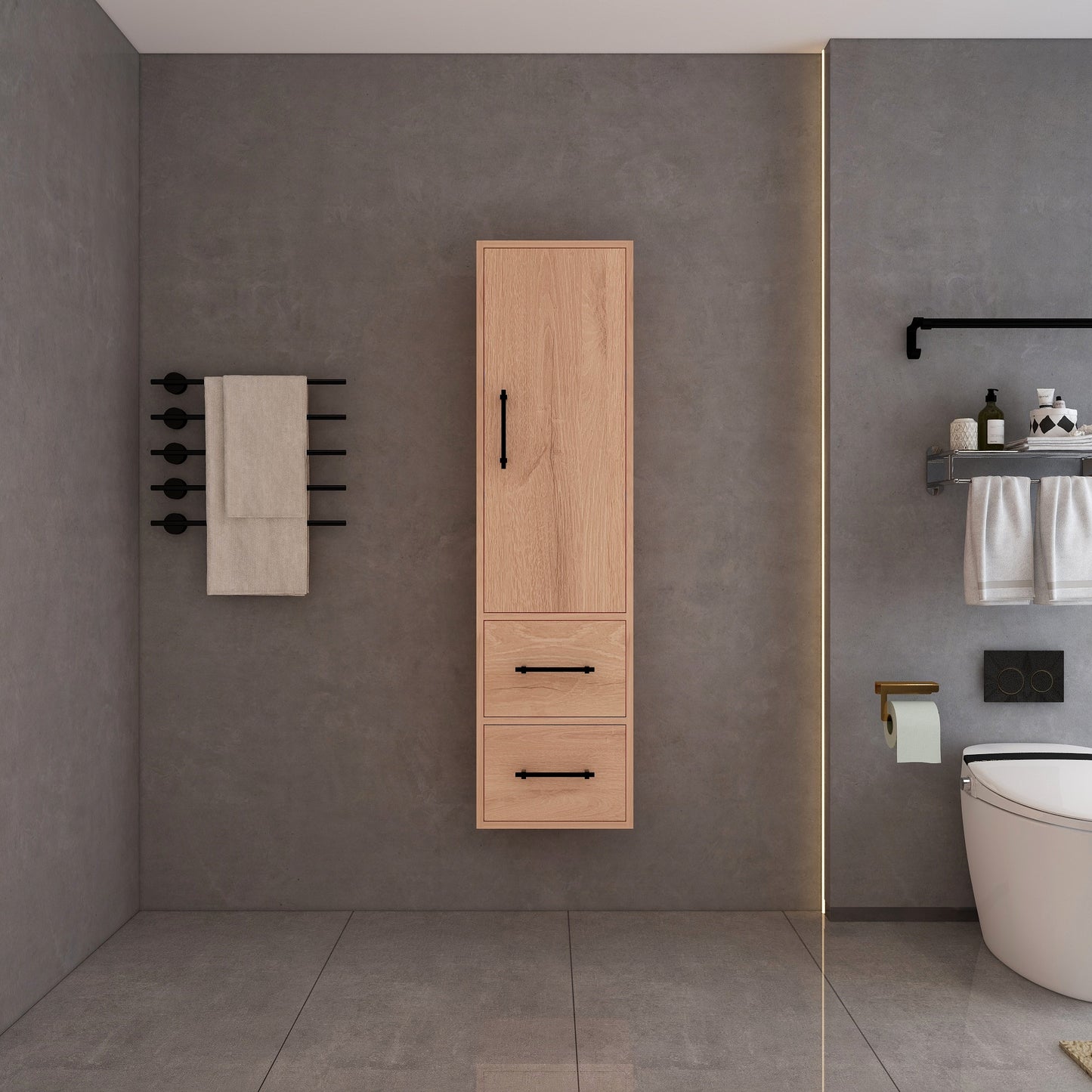 Victoria Solid Wood Floating Wall Mounted Linen Cabinet in Red Oak by Better Vanity