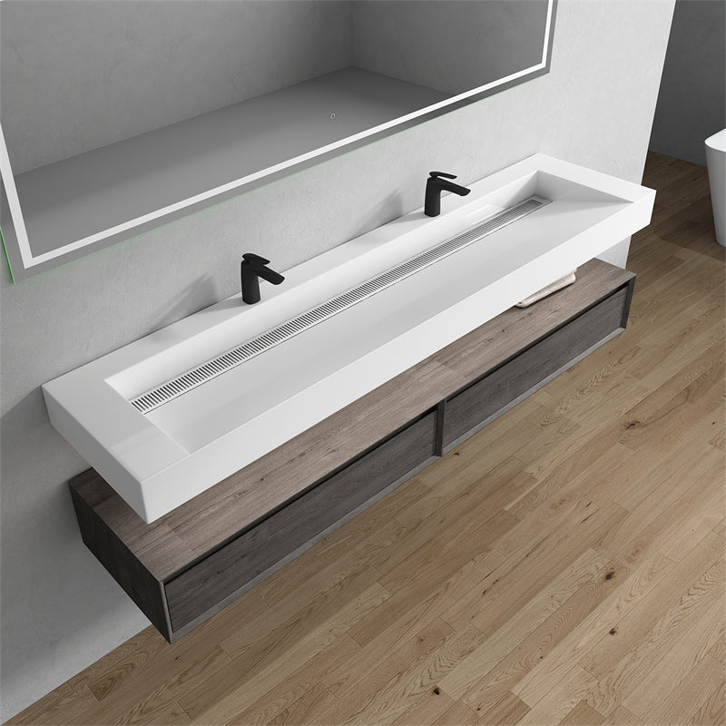 Alysa 84'' Double Sink floating vanity in Smoke Oak with Reinforced Acrylic Sink