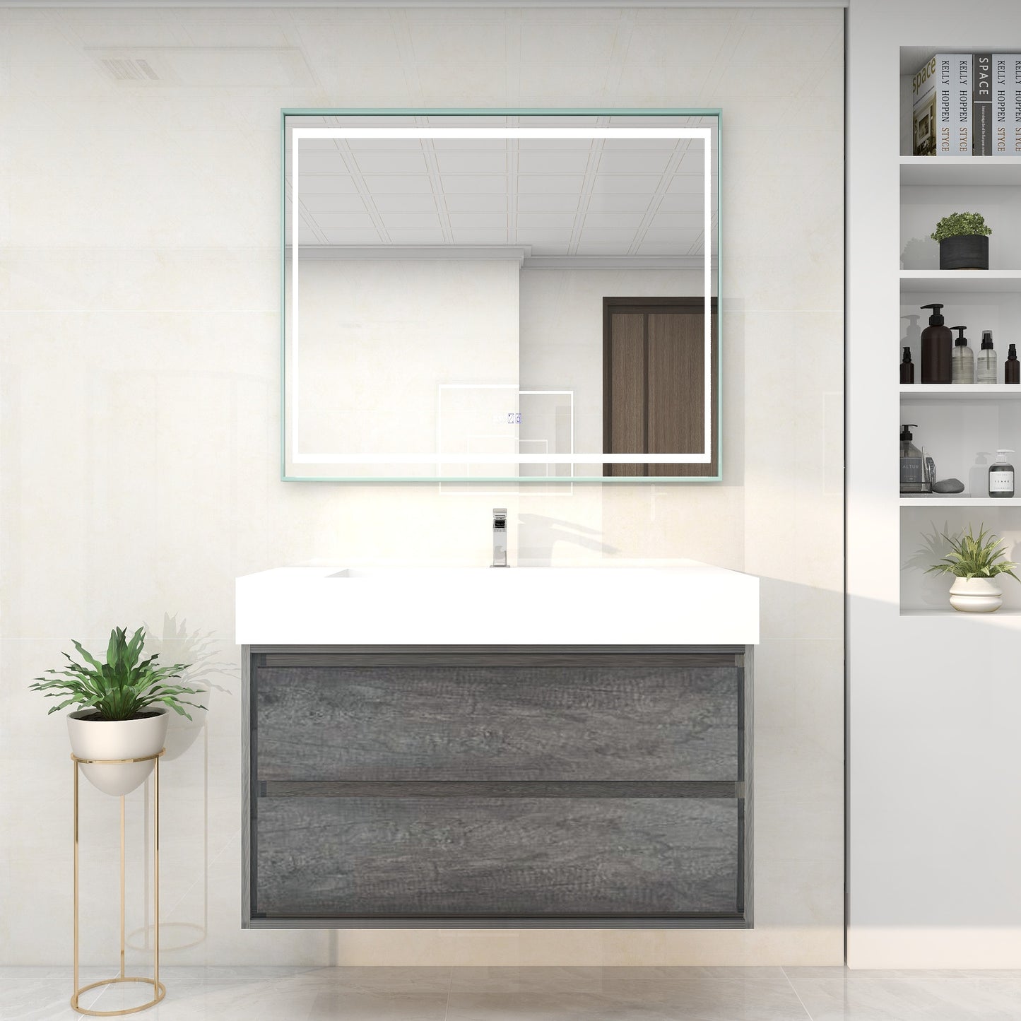 Saggia 42" Wall-Mounted Floating Bathroom Vanity with Reinforced Acrylic Sink in Smoke Oak | Better Vanity Modern Luxury Bathroom Vanities