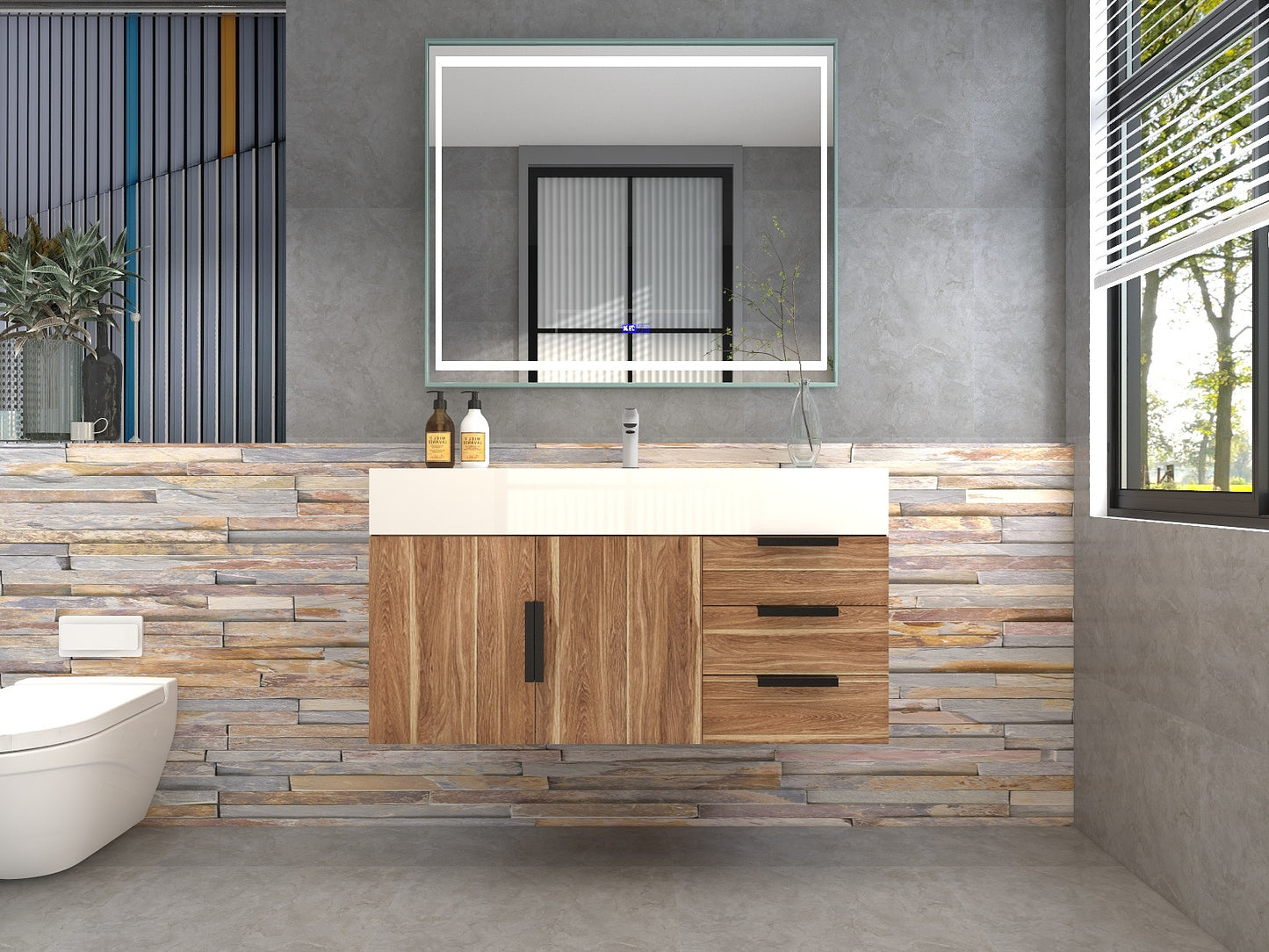 Bethany 42" Floating Bathroom Vanity with Reinforced Acrylic Sink in White Oak with Black Handles | Better Vanity Bath Vanities