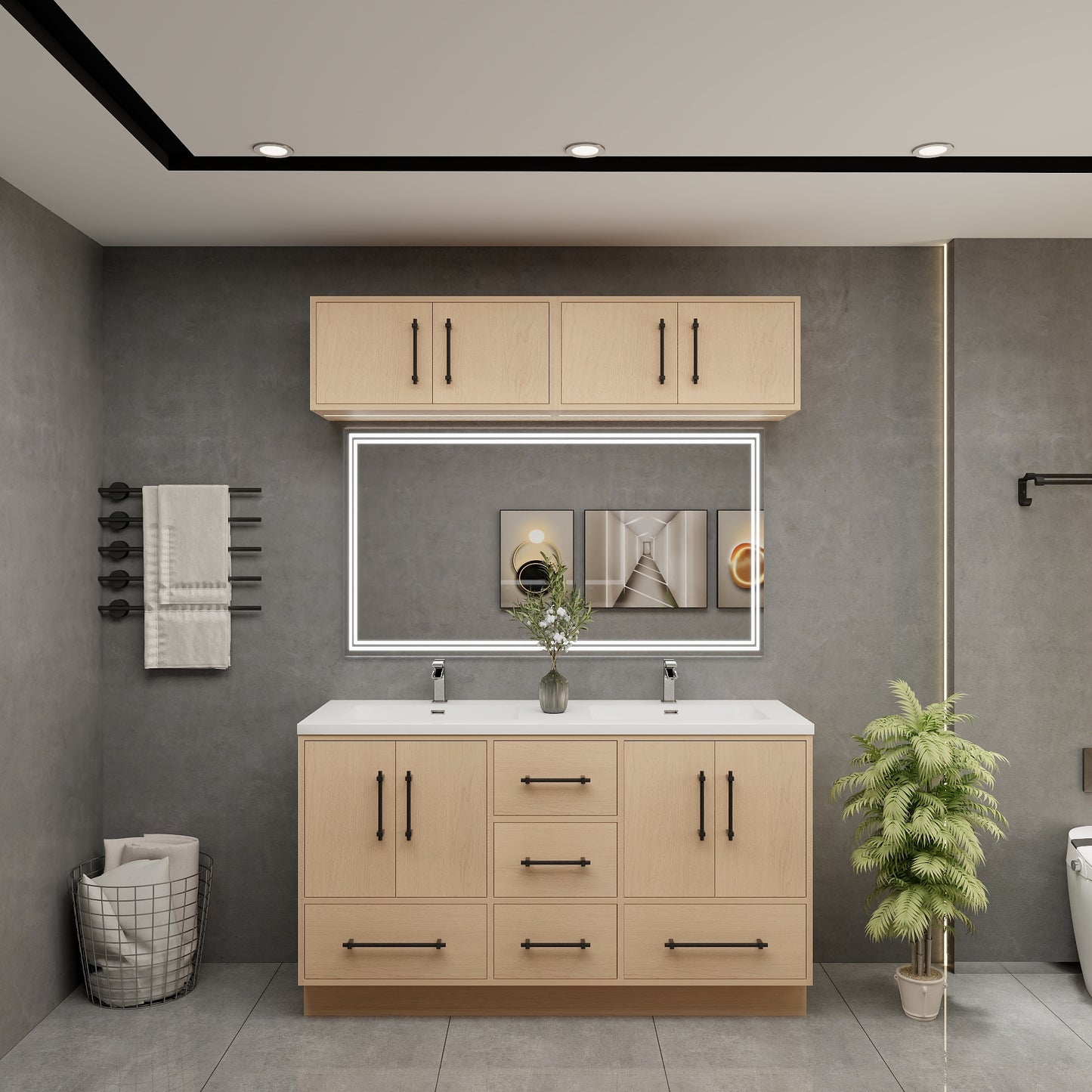 Victoria 60" Solid Wood Freestanding Bathroom Vanity in Yellow Oak, Double Sink Vanity | Better Vanity Solid Wood Floating Vanities