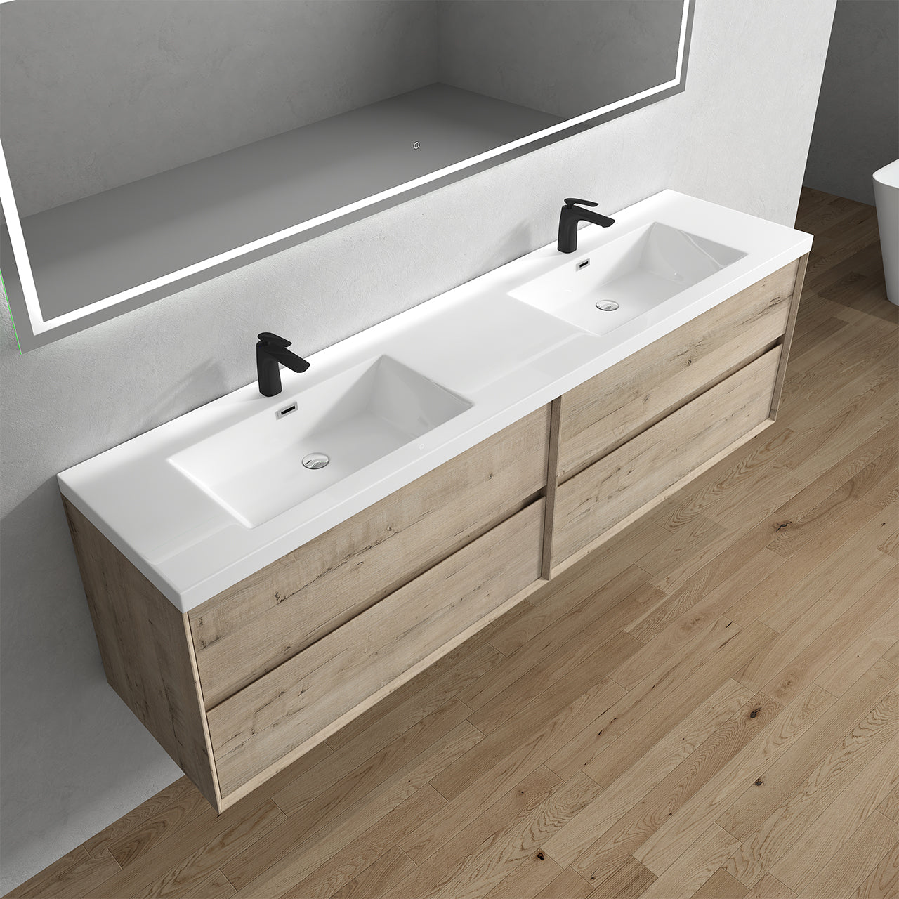 Kingdee 84" Light Oak Wall Mounted Vanity with Reinforced Acrylic Sinks