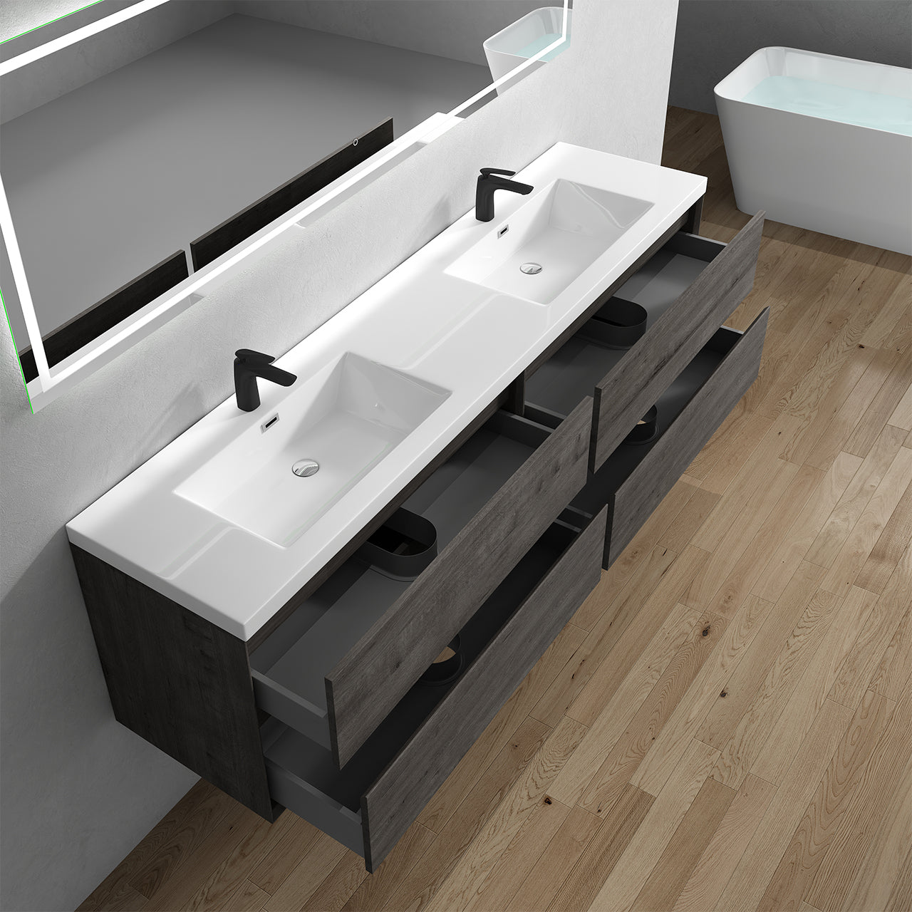 Kingdee 84" Smoke Oak Wall Mounted Vanity with Reinforced Acrylic Sinks