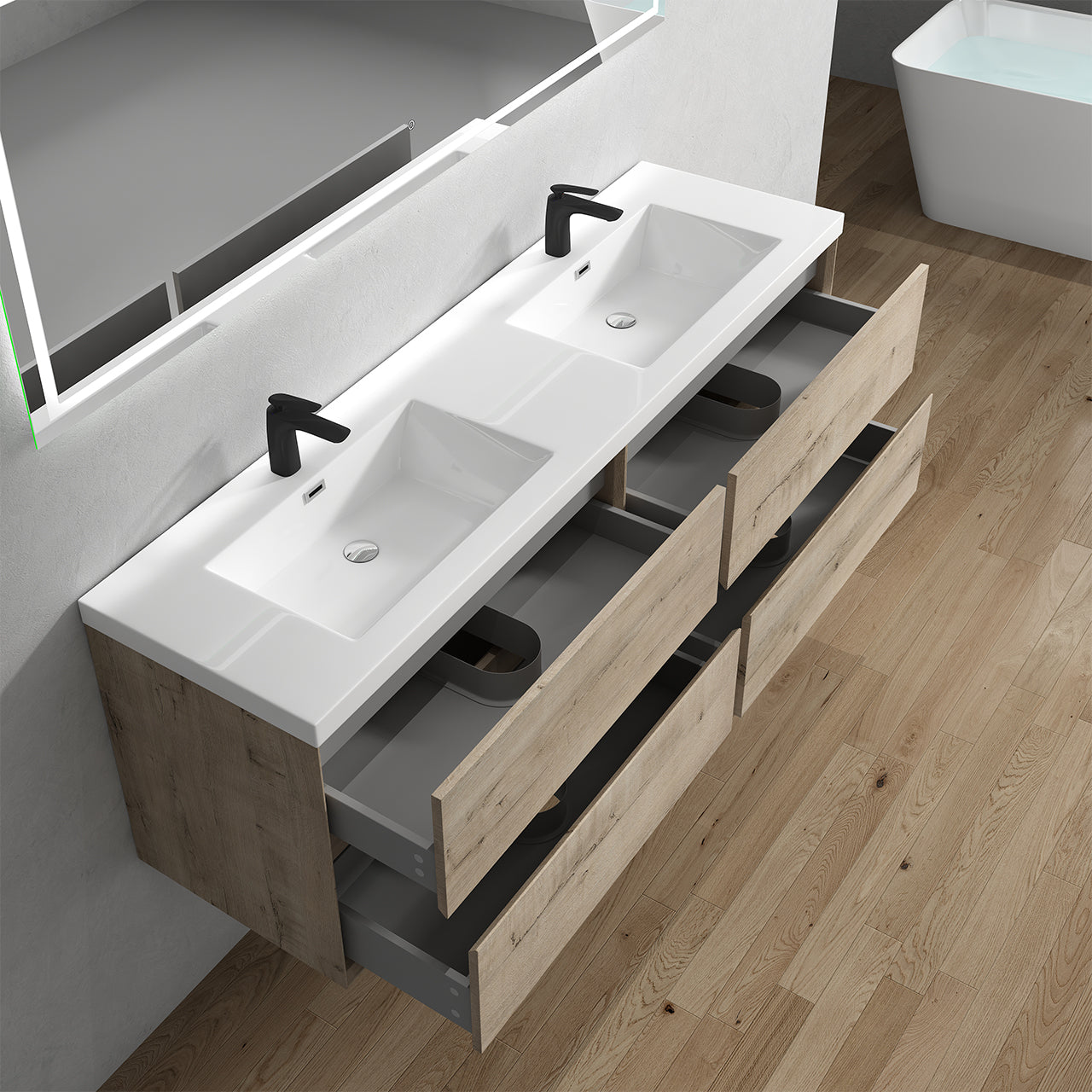 Kingdee 72" Light  Oak Wall Mounted Vanity with Reinforced Acrylic Sinks