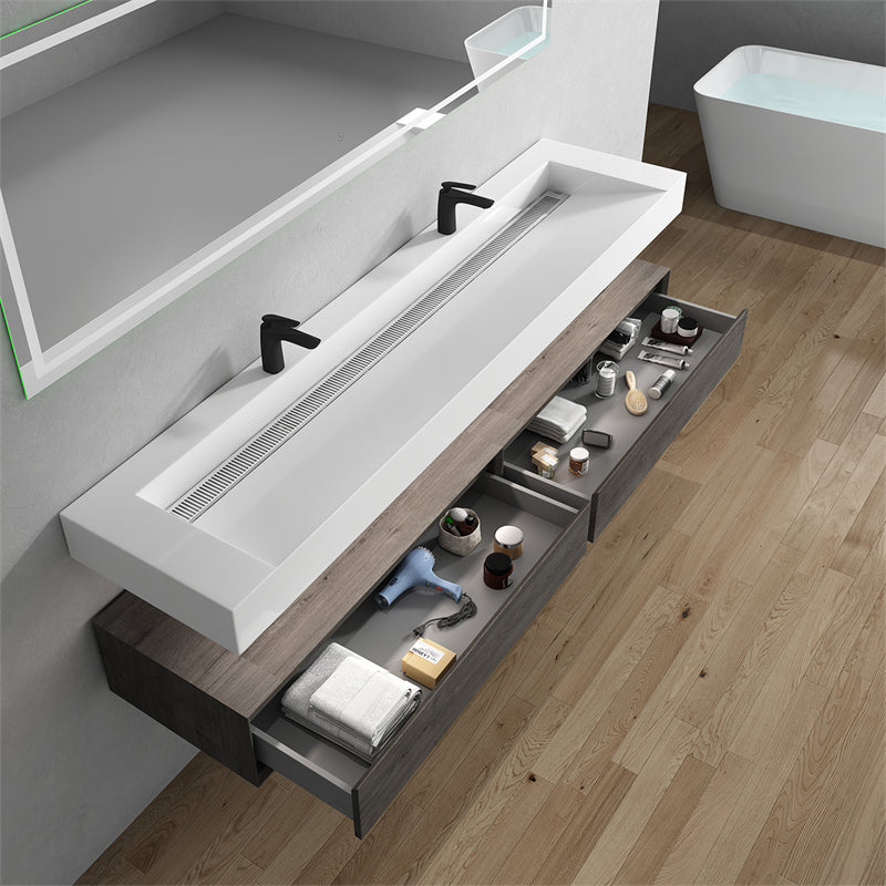 Alysa 84'' Double Sink floating vanity in Smoke Oak with Reinforced Acrylic Sink