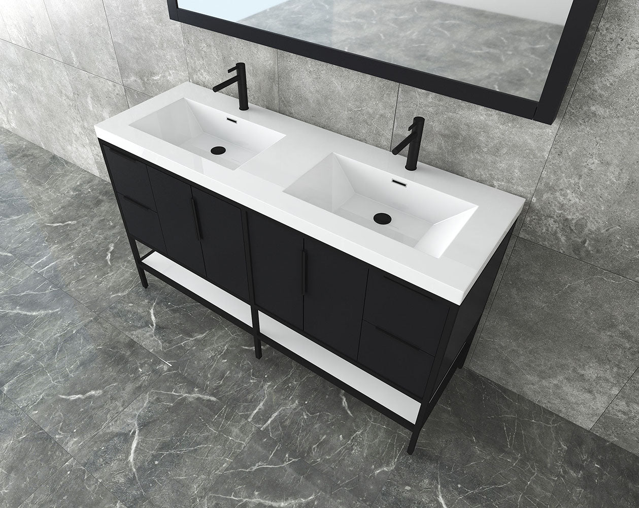 Matthew 60" Glossy Gray Freestanding Vanity with Reinforced Acrylic Sinks