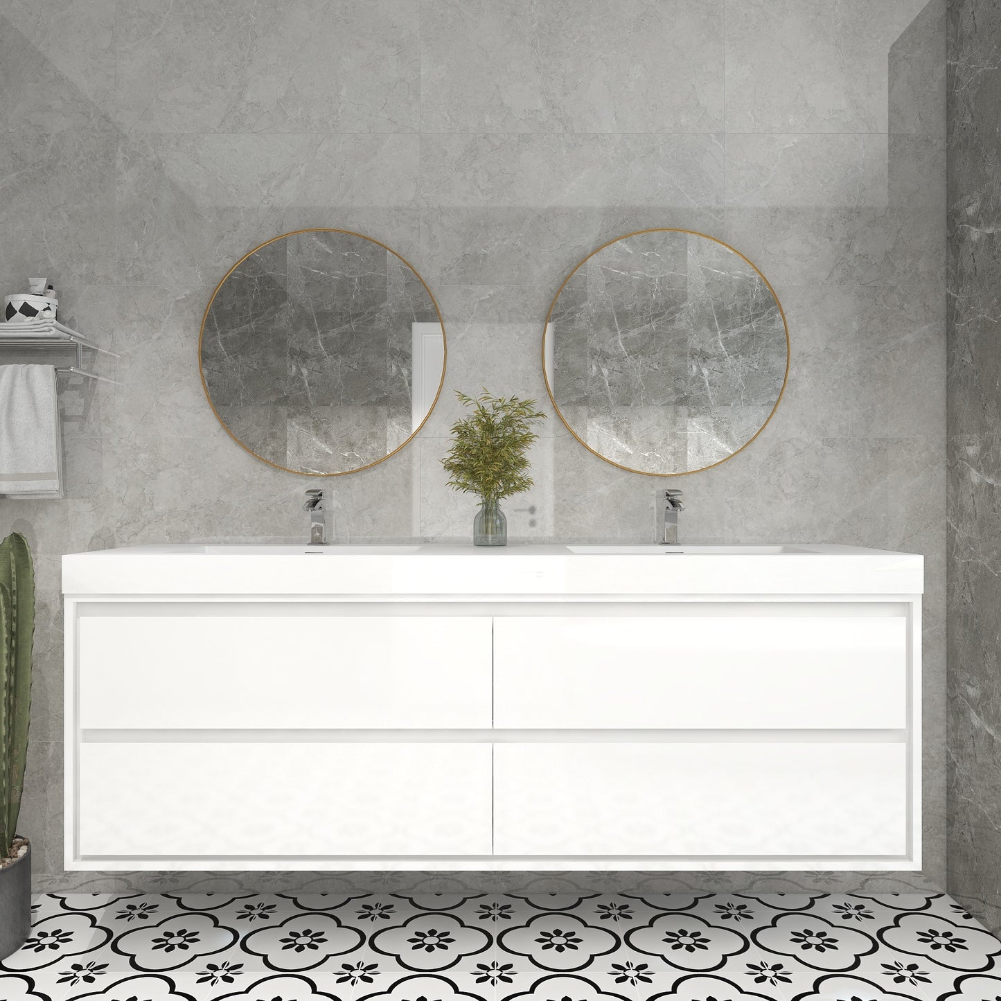 Saggia 72" Wall-Mounted Floating Bathroom Vanity with Reinforced Acrylic Double Sink in Gloss White | Better Vanity Modern Luxury Bathroom Vanities