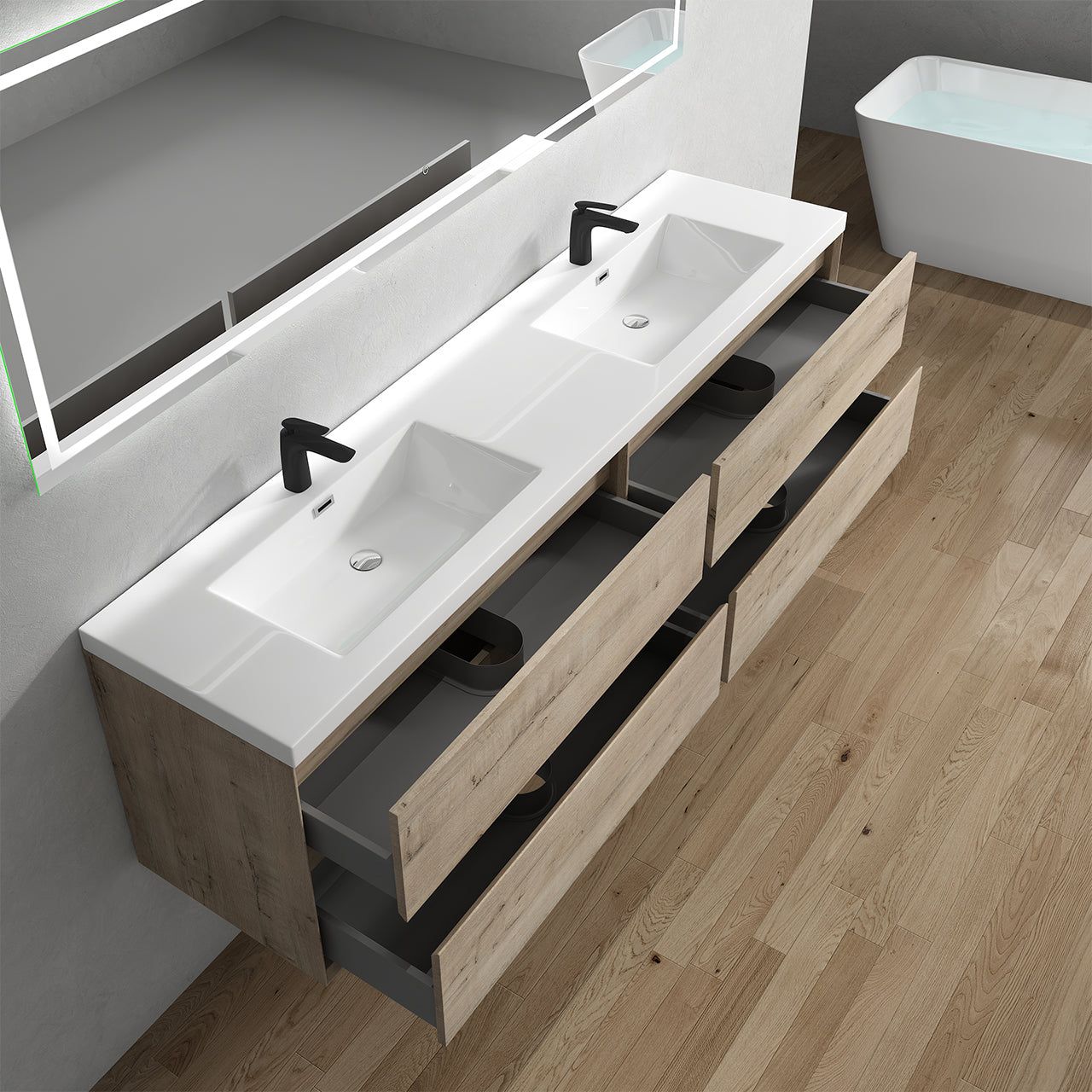 Kingdee 84" Light Oak Wall Mounted Vanity with Reinforced Acrylic Sinks