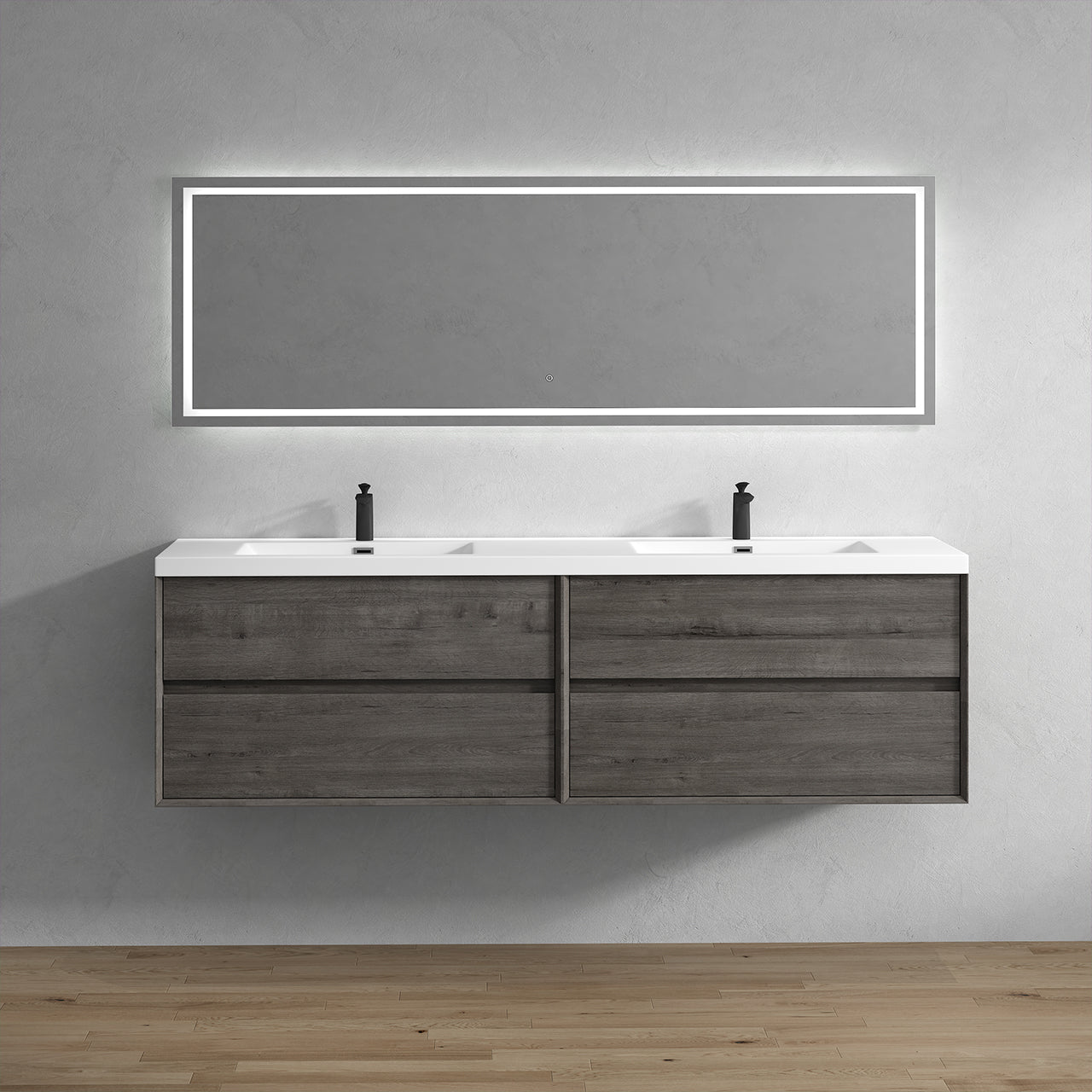 Kingdee 84" Smoke Oak Wall Mounted Vanity with Reinforced Acrylic Sinks