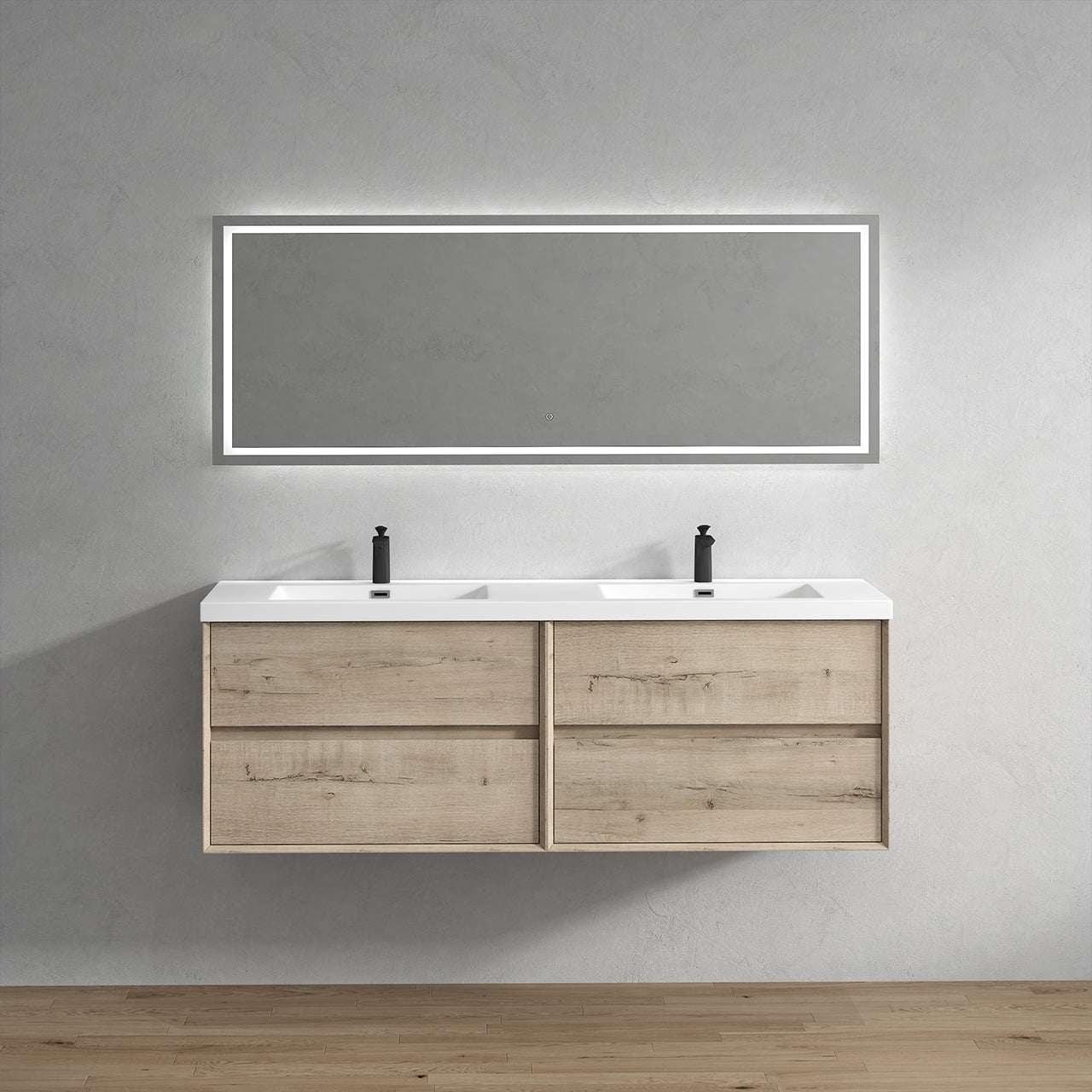 Kingdee 72" Light  Oak Wall Mounted Vanity with Reinforced Acrylic Sinks