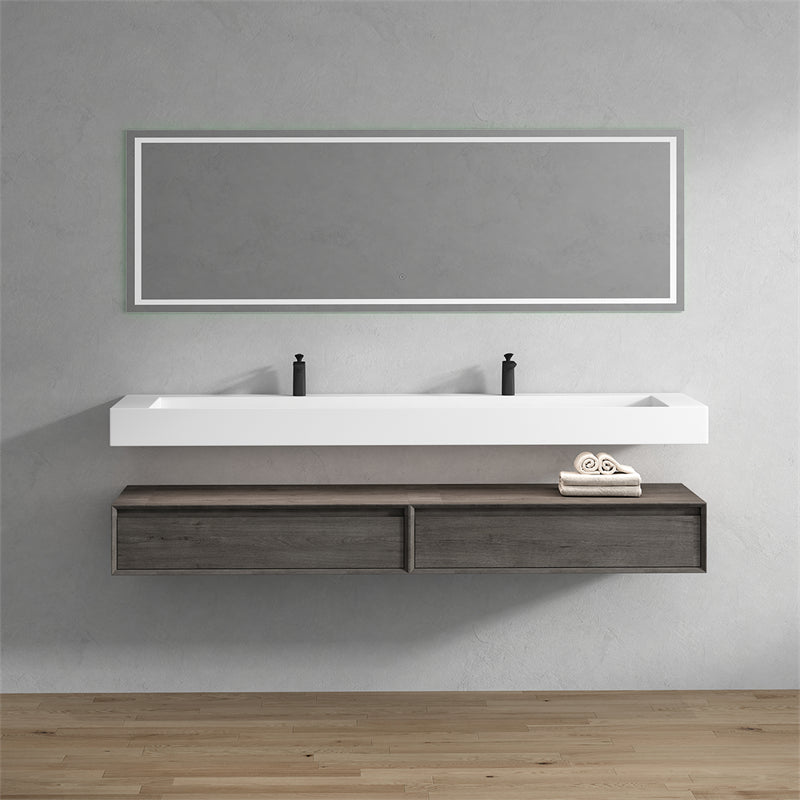 Alysa 84'' Double Sink floating vanity in Smoke Oak with Reinforced Acrylic Sink