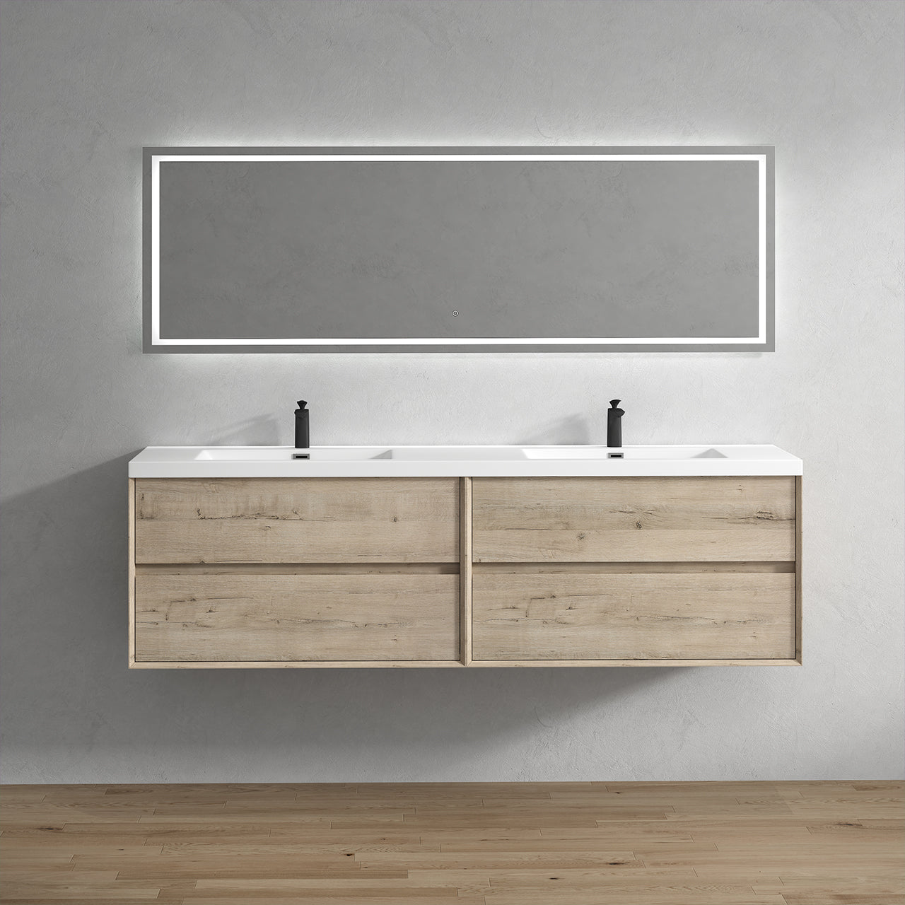 Kingdee 84" Light Oak Wall Mounted Vanity with Reinforced Acrylic Sinks