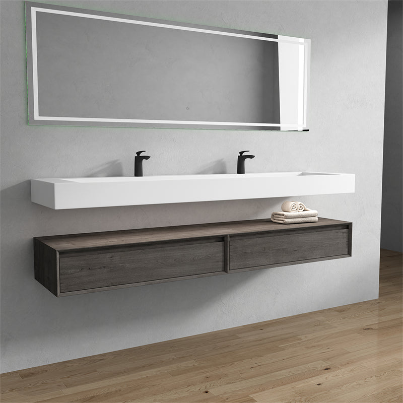 Alysa 84'' Double Sink floating vanity in Smoke Oak with Reinforced Acrylic Sink