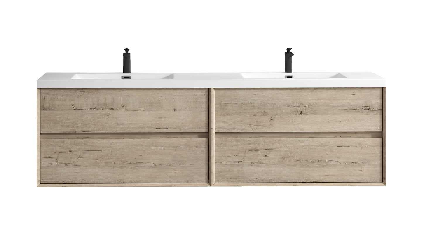 Kingdee 84" Light Oak Wall Mounted Vanity with Reinforced Acrylic Sinks