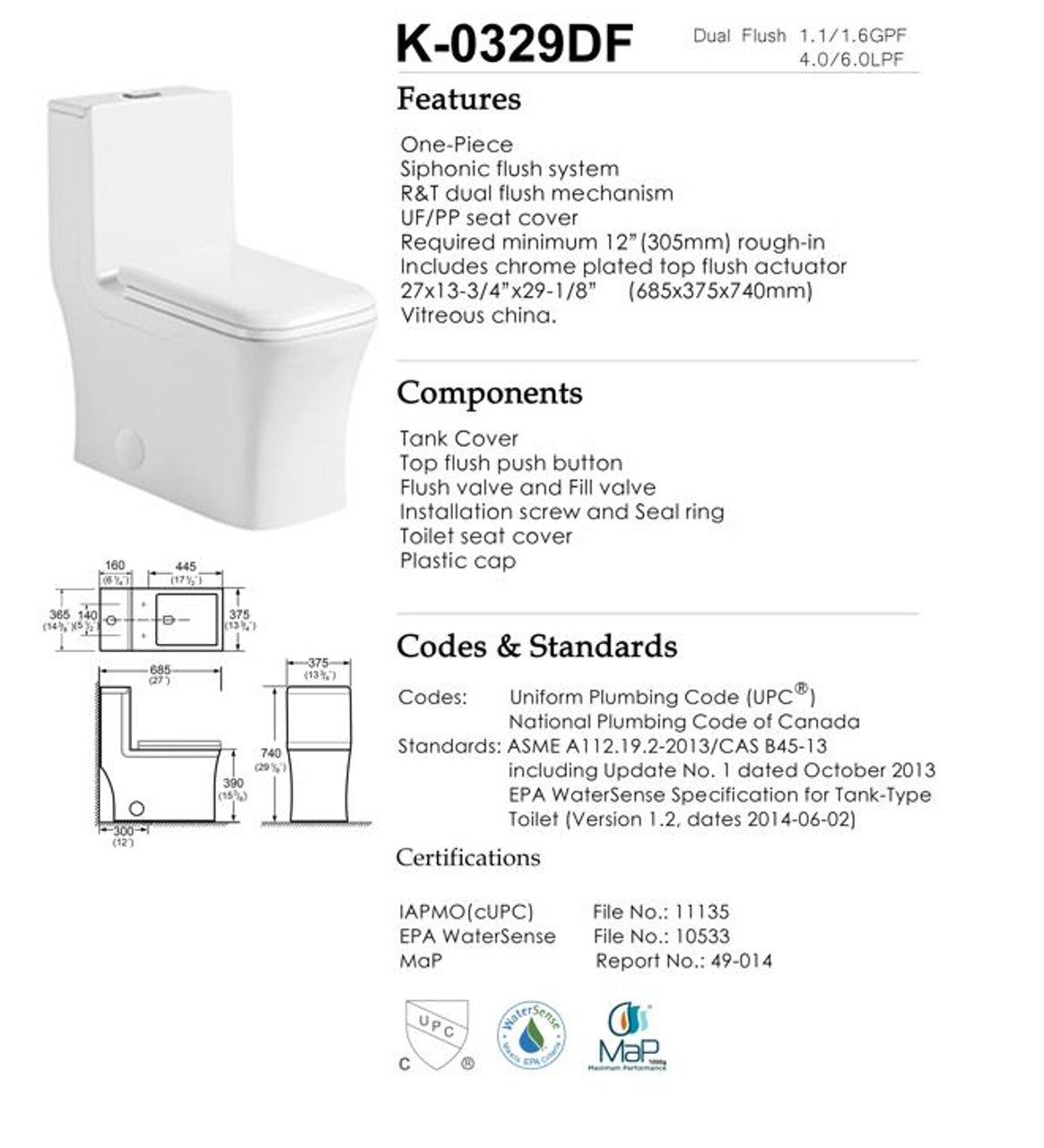 Aqua Series Kingero Elongated Toilet - Dual Flush K-0329DF Product Information Sheet 1
