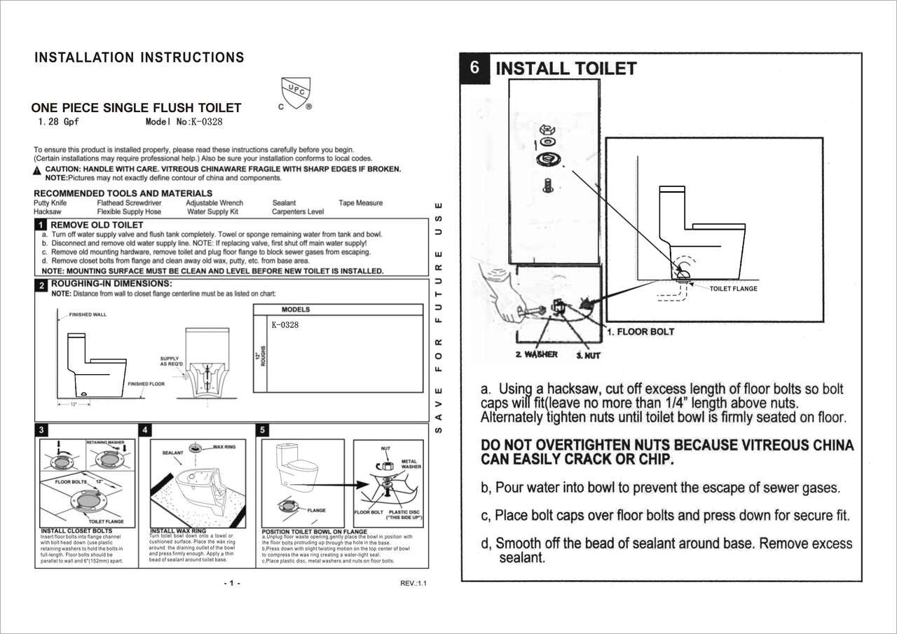 Aqua Series Leon Rounded Toilet - Dual Flush K0328 Spec Sheet and Installation Instructions