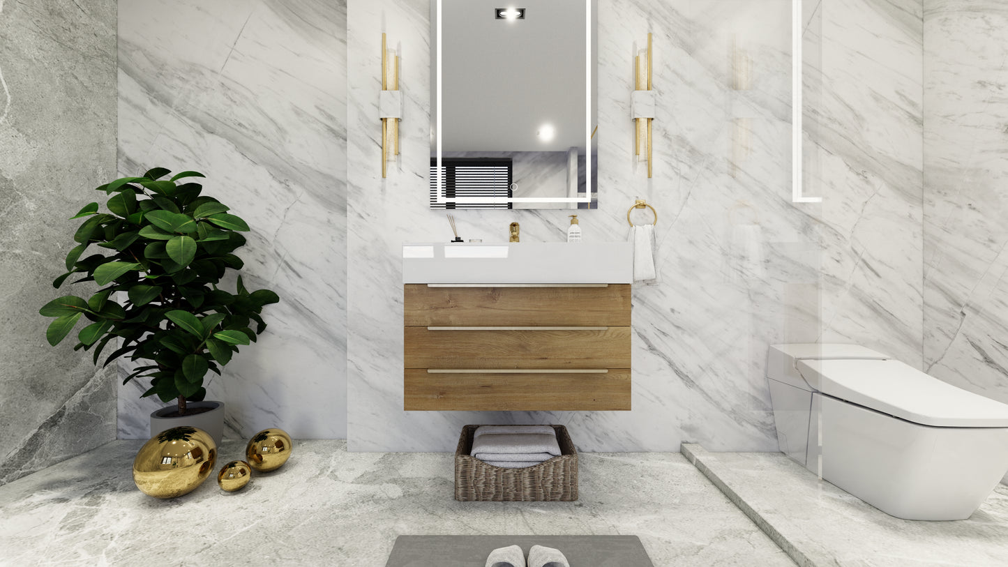 Bethany 30" Floating Modern Vanity in Teak Oak with Double Sink, Side Drawers