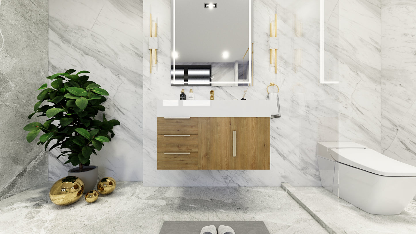 Bethany 36" Floating Modern Vanity in Teak Oak with Double Sink, Side Drawers