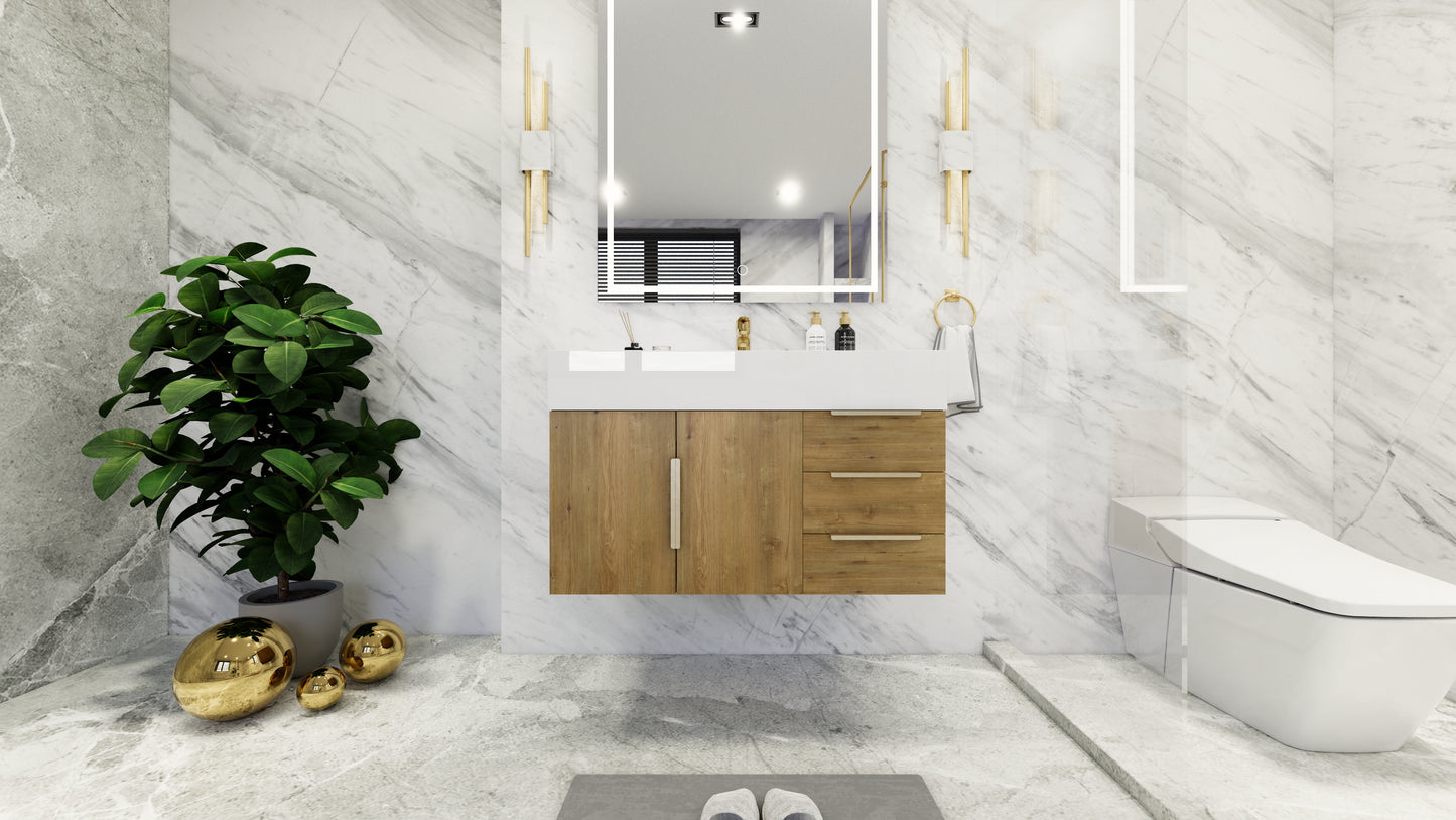 Bethany 36" Floating Modern Vanity in Teak Oak with Double Sink, Side Drawers