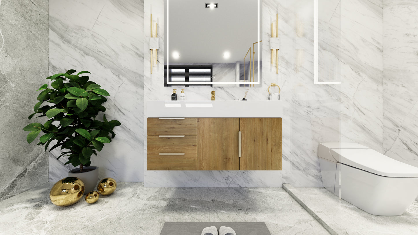 Bethany 42" Floating Modern Vanity in Teak Oak with Double Sink, Side Drawers