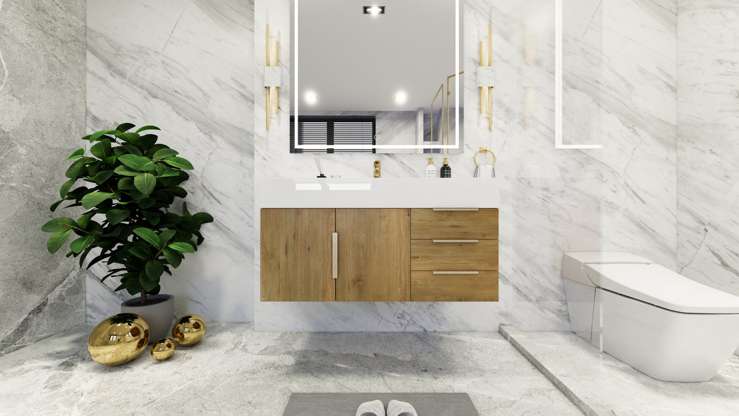 Bethany 42" Floating Modern Vanity in Teak Oak with Double Sink, Side Drawers