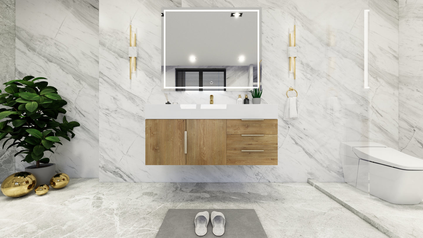 Bethany 48" Floating Modern Vanity in Teak Oak with Double Sink, Side Drawers