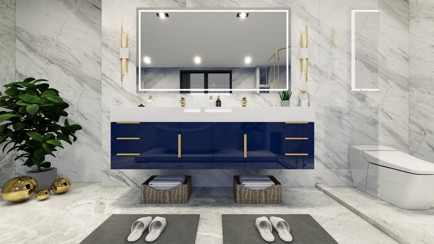 Bethany 72" Floating Modern Vanity in High Gloss Night Blue with Double Sink, Side Drawers
