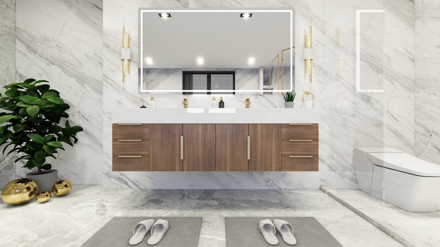 Bethany 72" Floating Modern Vanity in Rosewood with Double Sink, Side Drawers