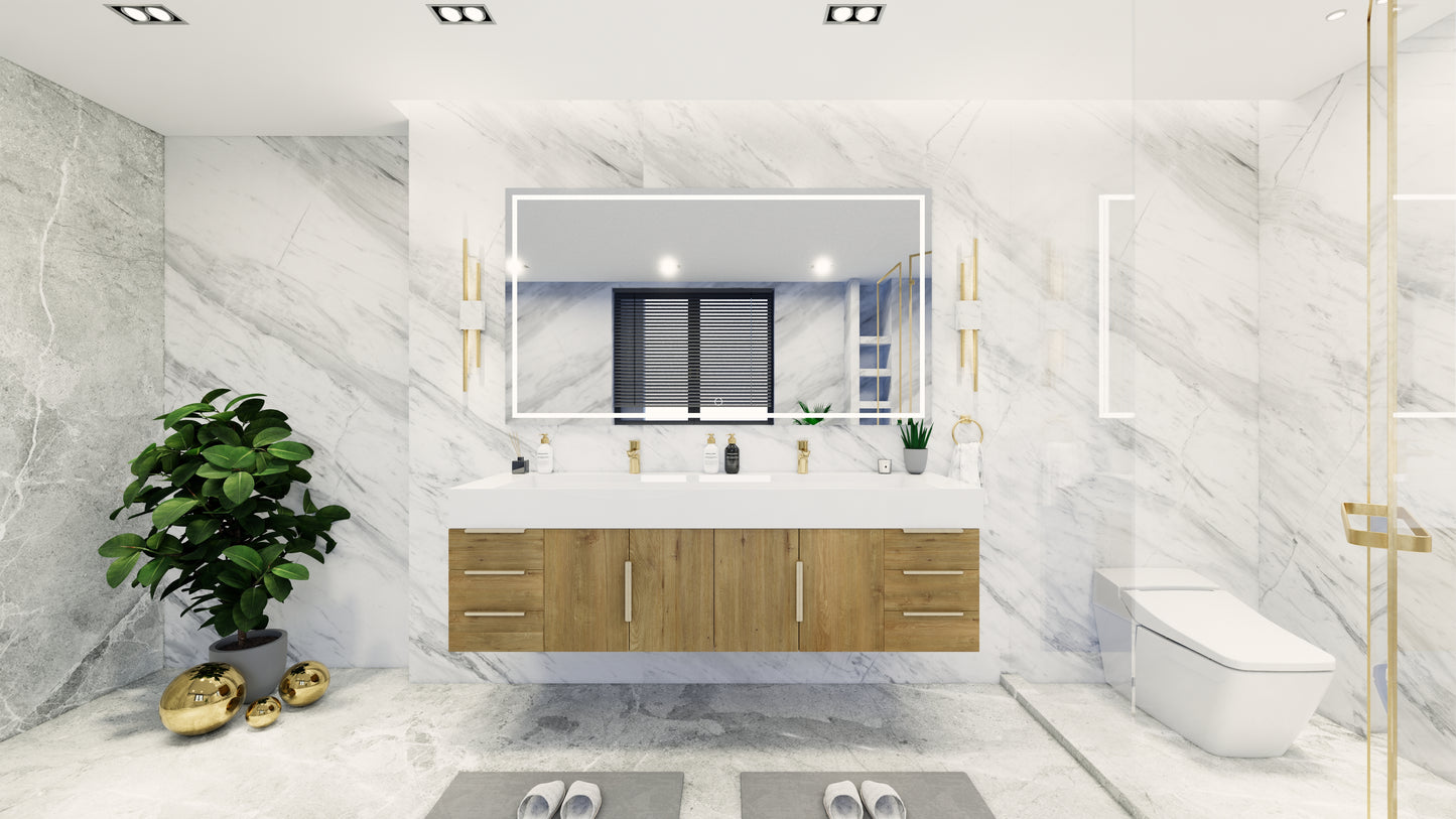 Bethany 72" Floating Modern Vanity in Teak Oak with Double Sink, Side Drawers