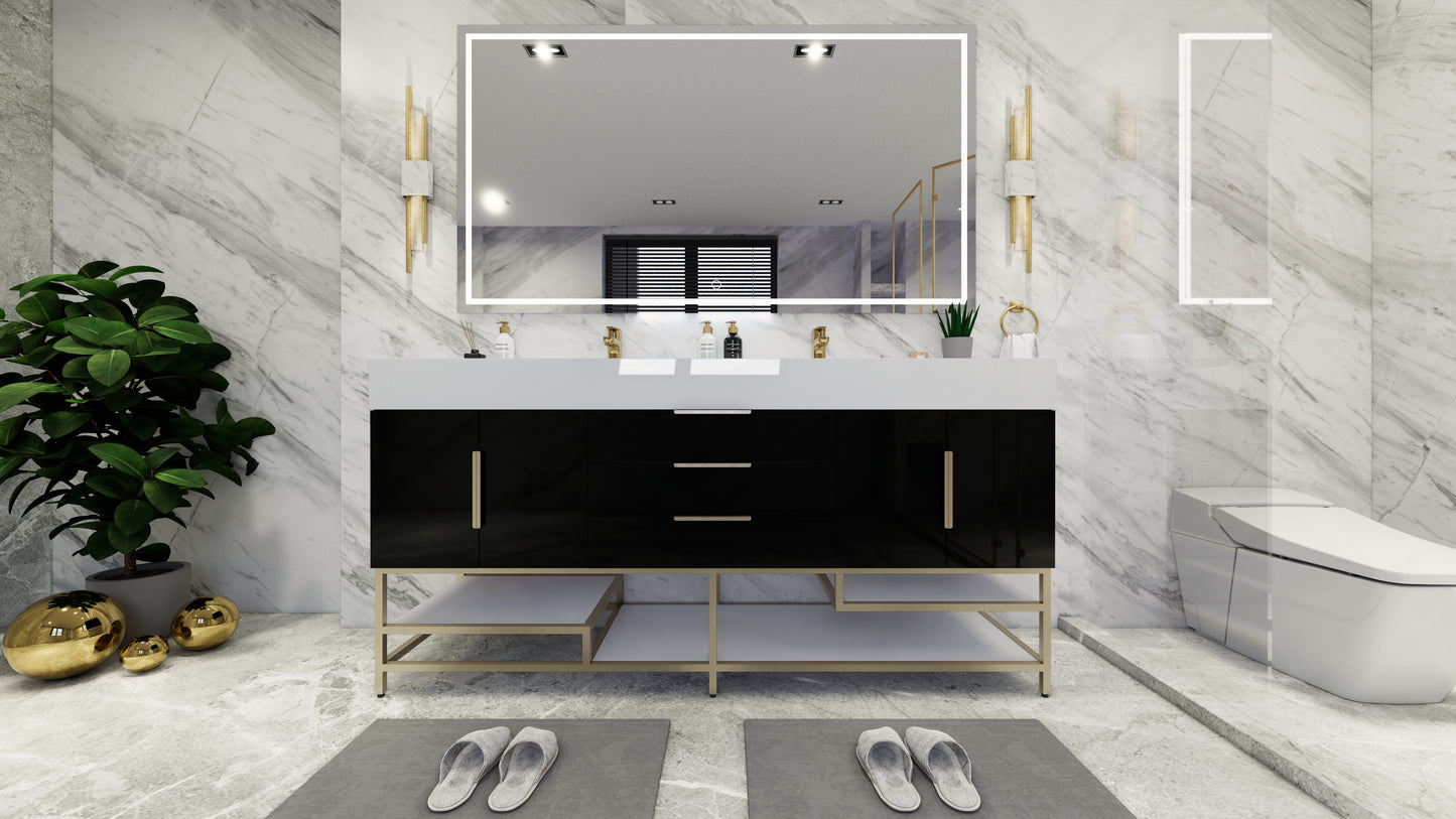 Bethany 72" Freestanding Vanity in High Gloss Black with Double Sink