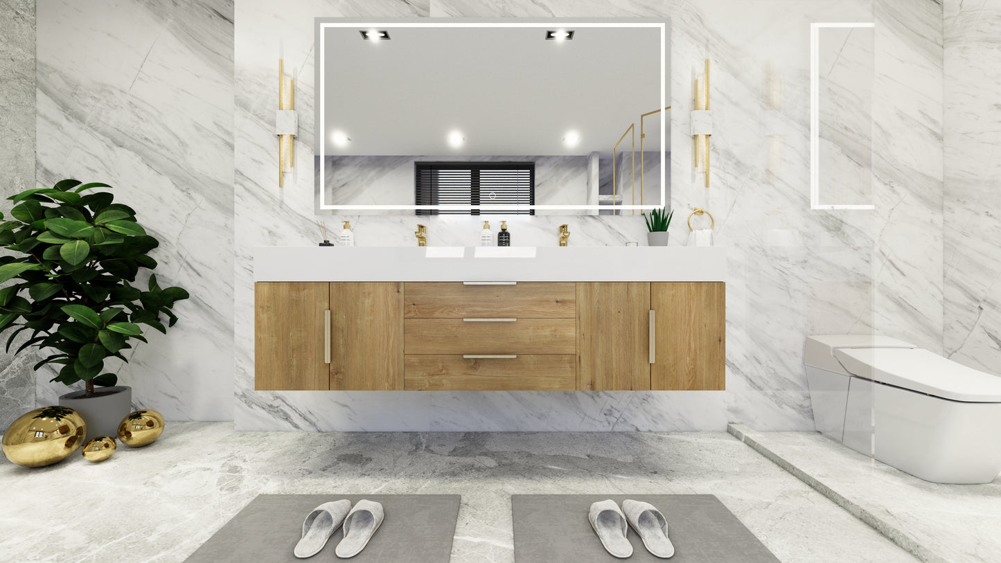 Bethany 72" Floating Modern Vanity in Teak Oak with Double Sink, Middle Drawers
