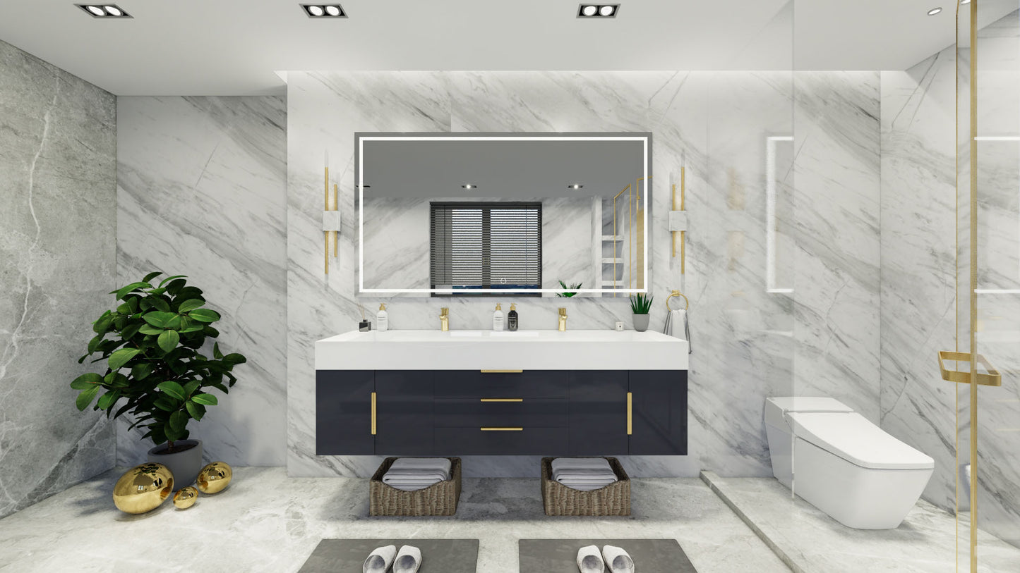 Bethany 72" Floating Vanity in Glossy Gray with Double Sink and Middle Drawers