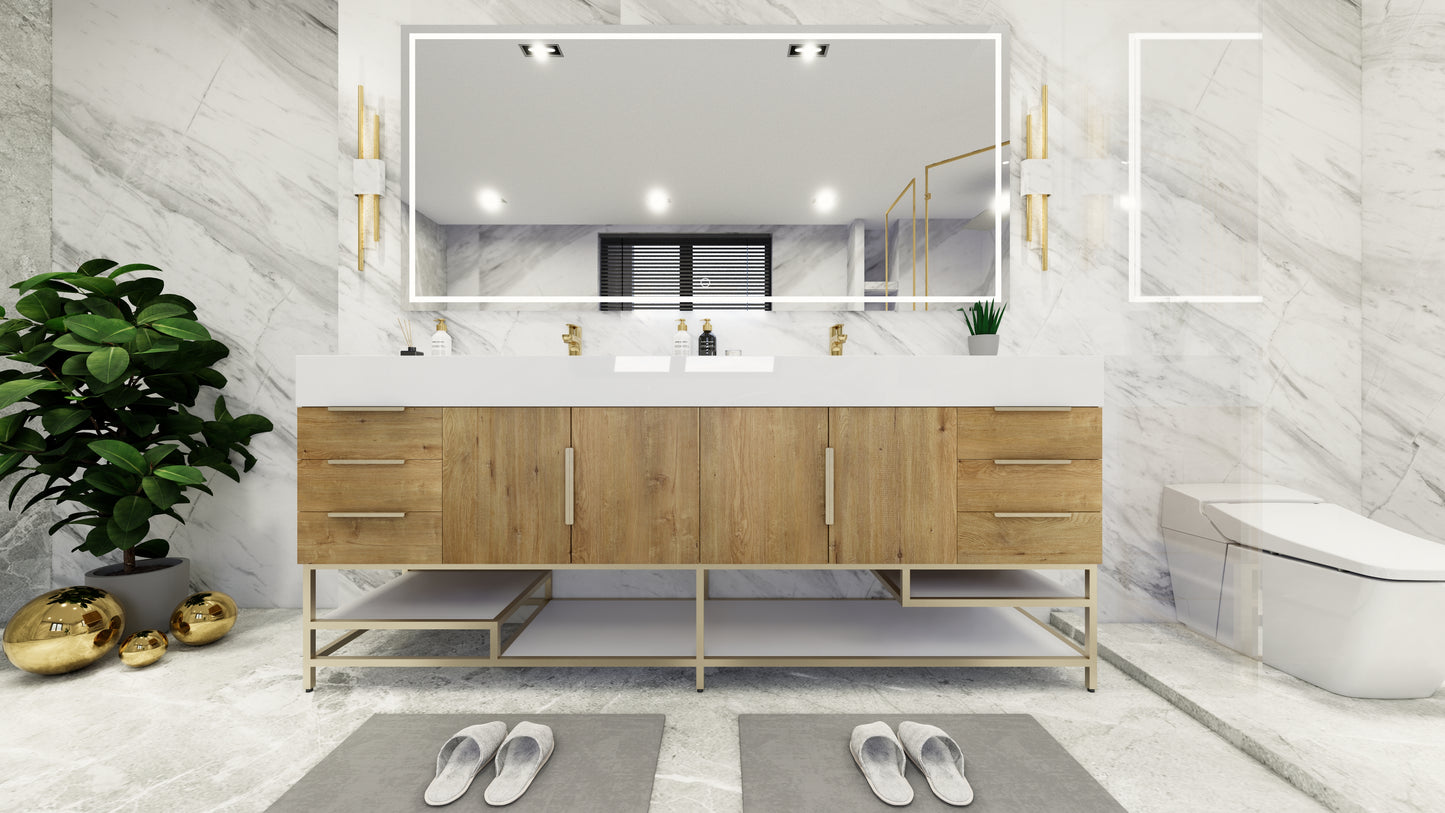 Bethany 84" Freestanding Vanity in Teak Oak with Double Sink, Side Drawers
