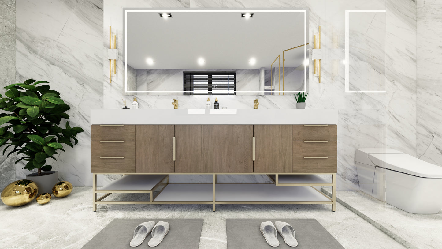 Bethany 84" Freestanding Vanity in Light Oak with Double Sink, Side Drawers