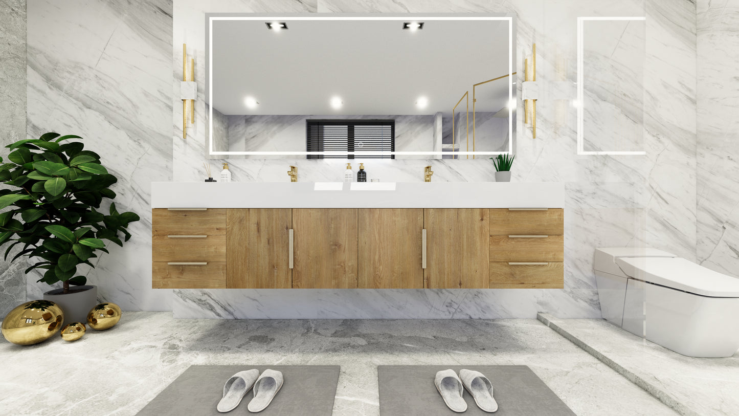 Bethany 84" Floating Modern Vanity in Teak Oak with Double Sink, Side Drawers