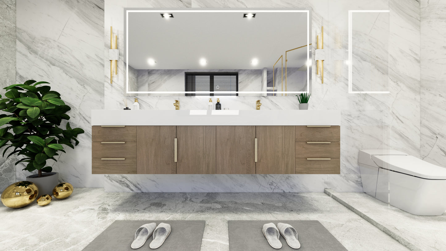 Bethany 84" Floating Modern Vanity in Light Oak with Double Sink and Side Drawers