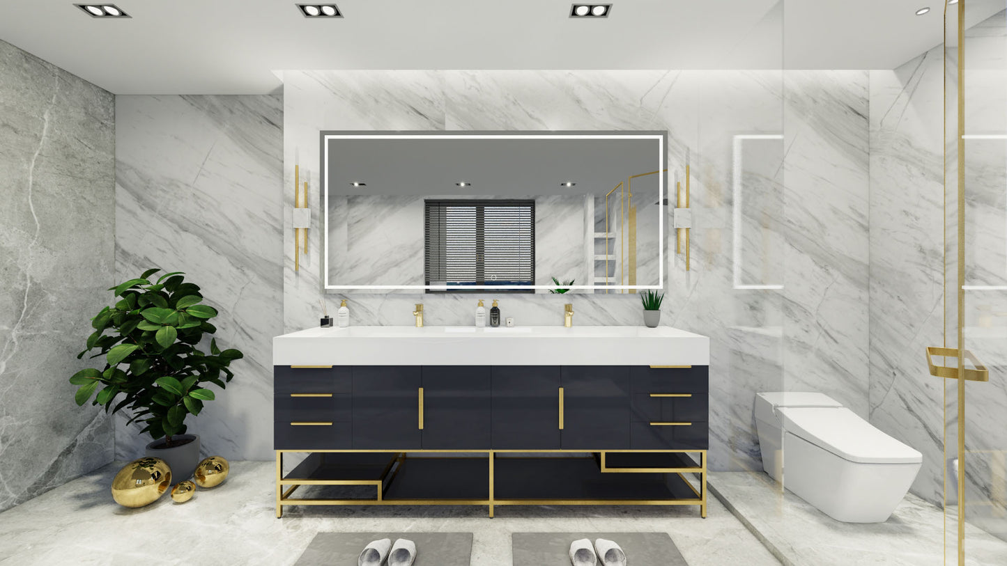 Bethany 84" Freestanding Modern Vanity in Gloss Gray with Double Sink, Side Drawers