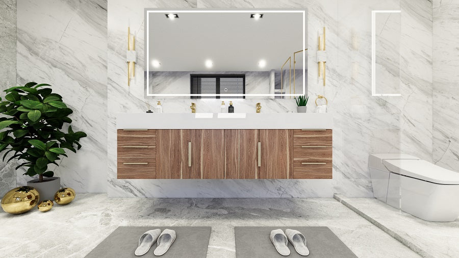 Bethany 72" Floating Vanity in White Oak with Double Sink, Side Drawers, Double Vanity