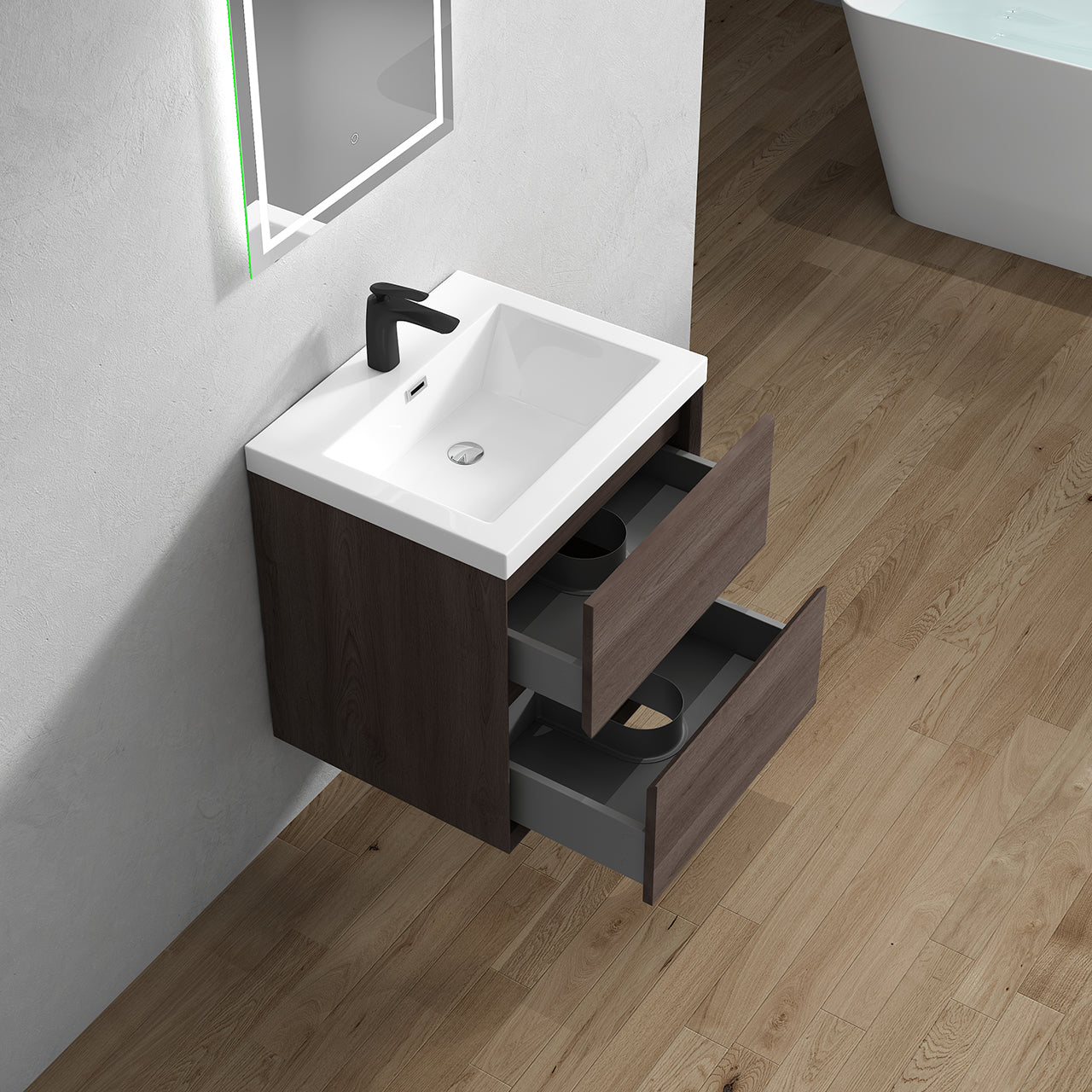 Kingdee 24" Red Oak Wall Mounted Vanity with Reinforced Acrylic Sink