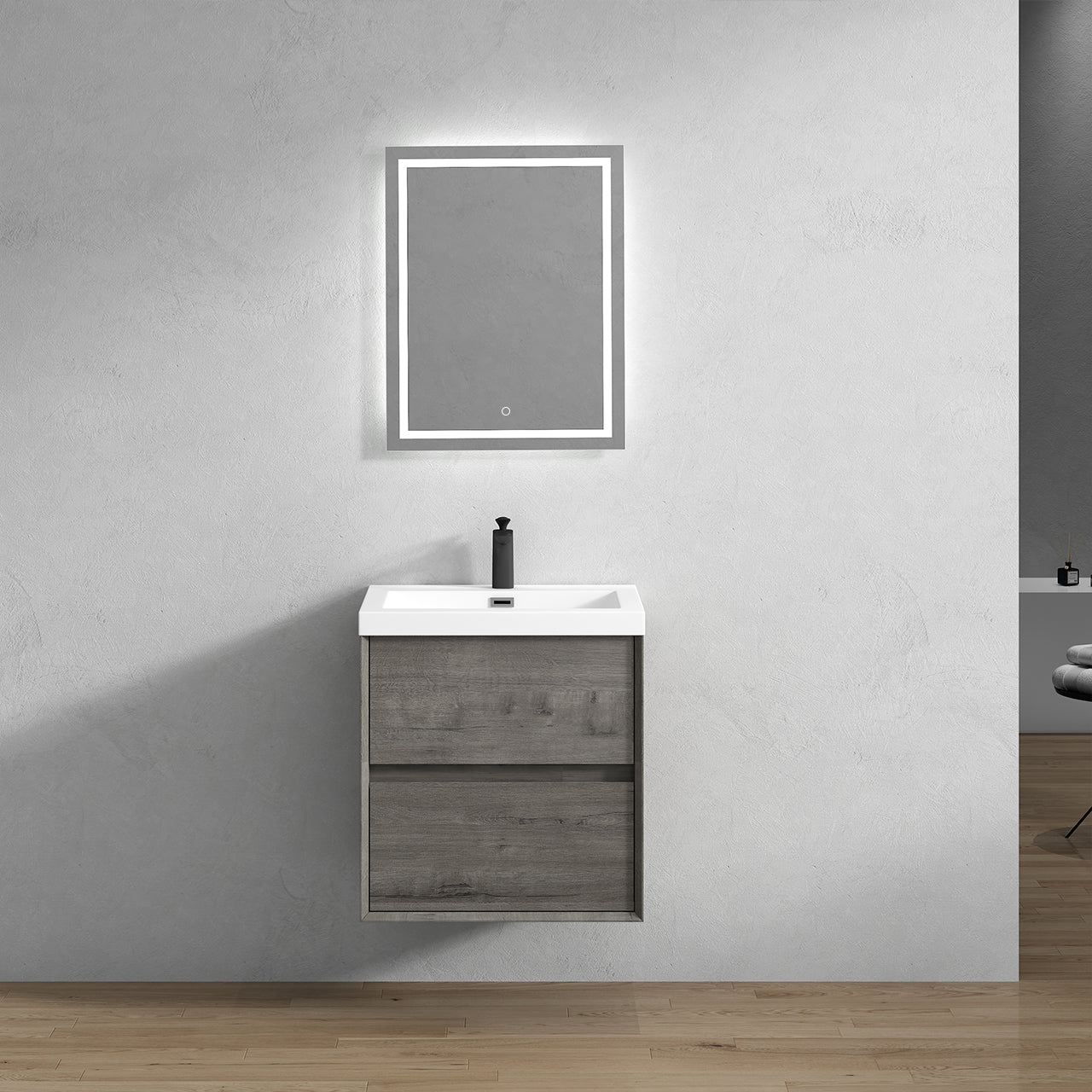 Kingdee 24" Smoke Oak Wall Mounted Vanity with Reinforced Acrylic Sink