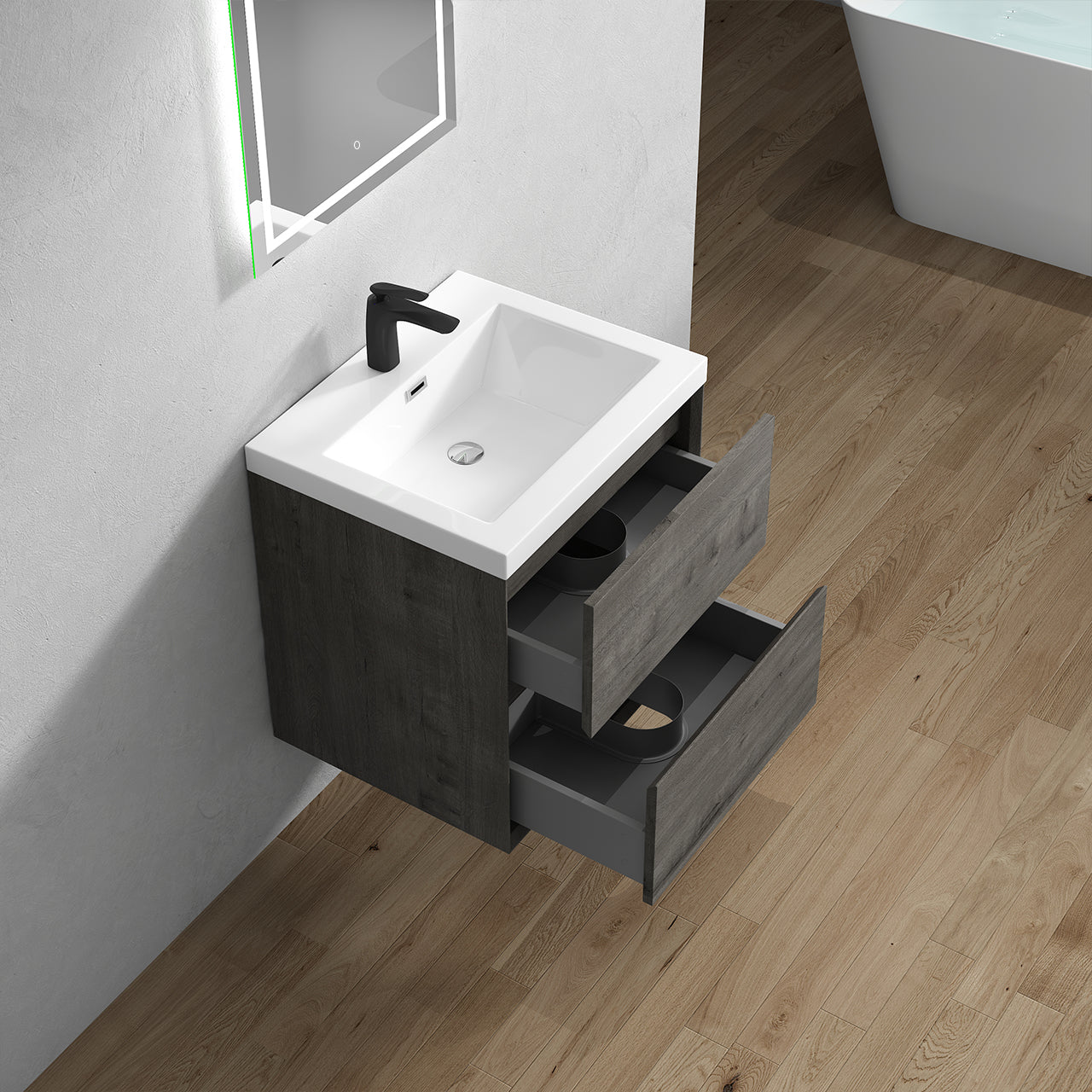 Kingdee 24" Smoke Oak Wall Mounted Vanity with Reinforced Acrylic Sink