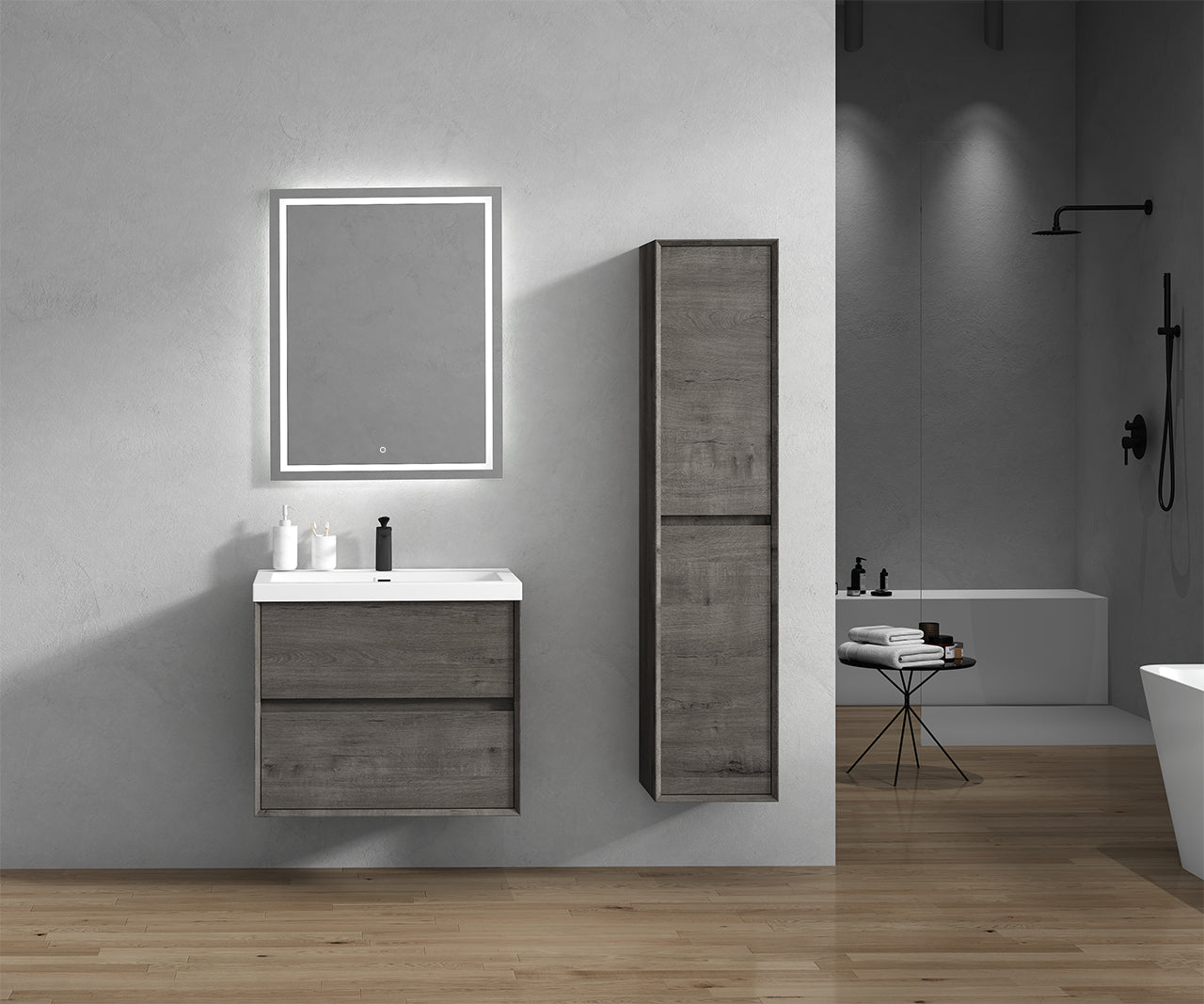 Kingdee 30" Smoke Oak Wall Mounted Vanity with Reinforced Acrylic Sink