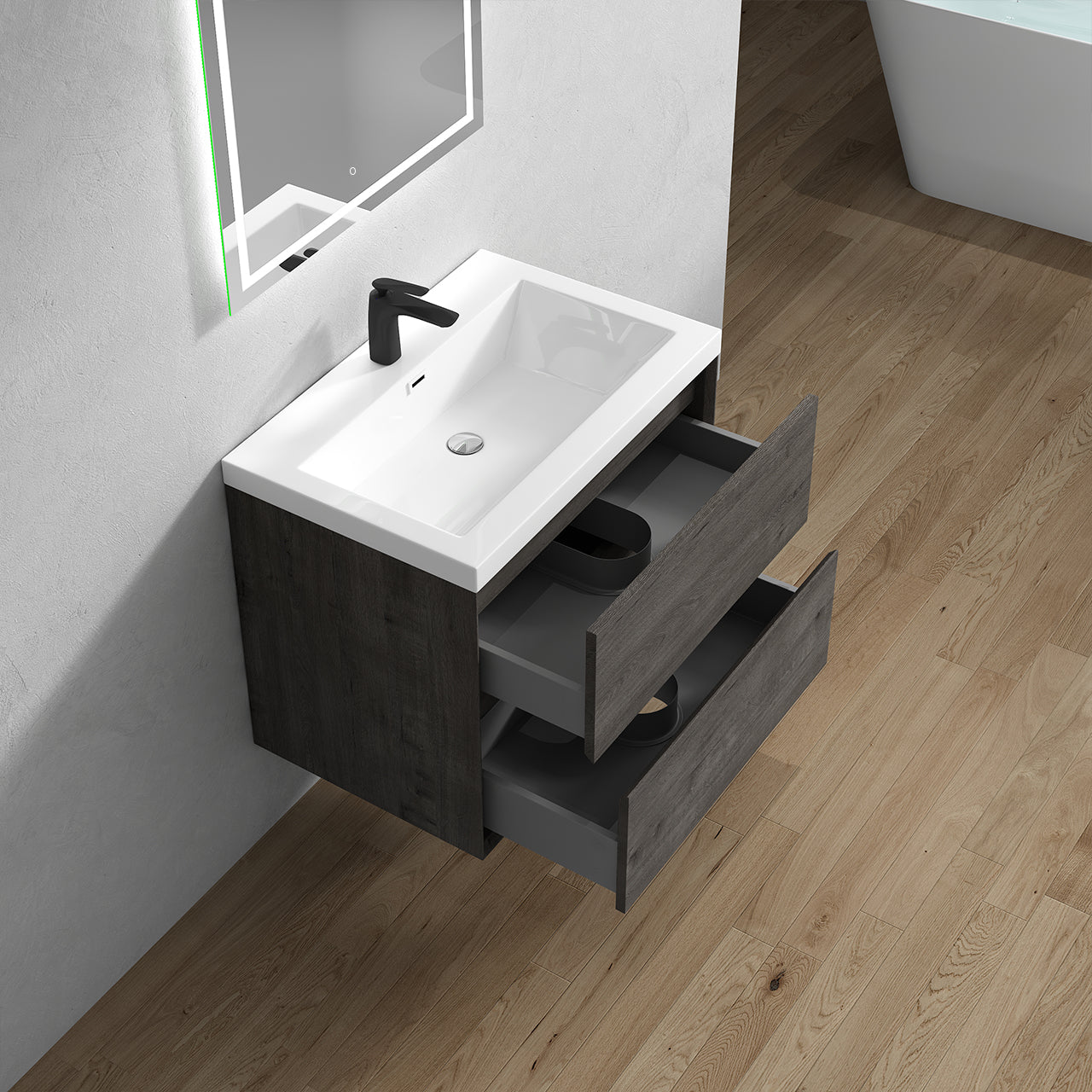 Kingdee 30" Smoke Oak Wall Mounted Vanity with Reinforced Acrylic Sink