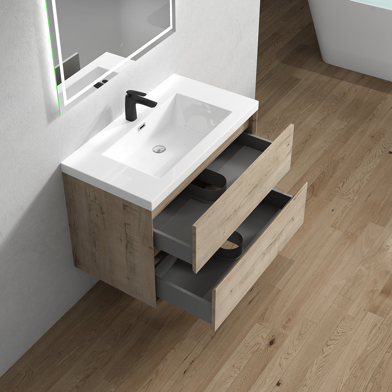 Kingdee 36" Light Oak Wall Mounted Vanity with Reinforced Acrylic Sink