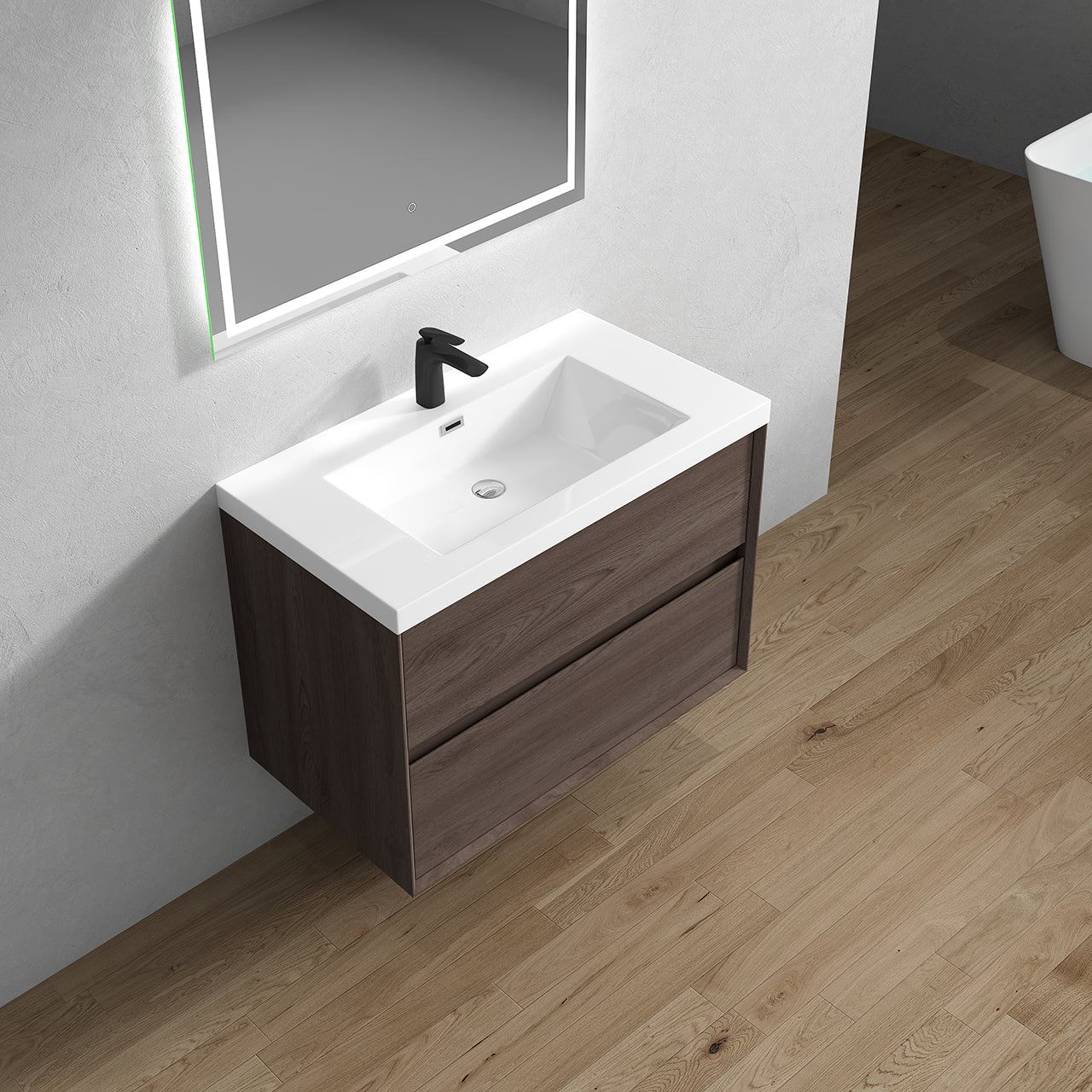 Kingdee 36" Red Oak Wall Mounted Vanity with Reinforced Acrylic Sink