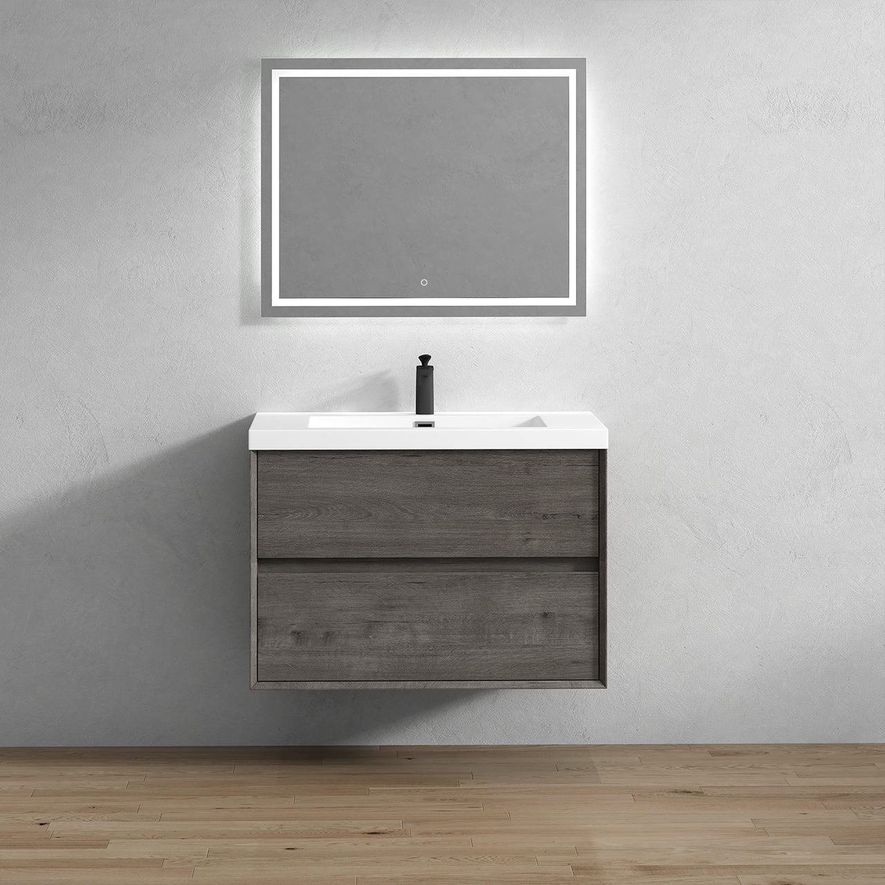 Kingdee 36" Smoke Oak Wall Mounted Vanity with Reinforced Acrylic Sink