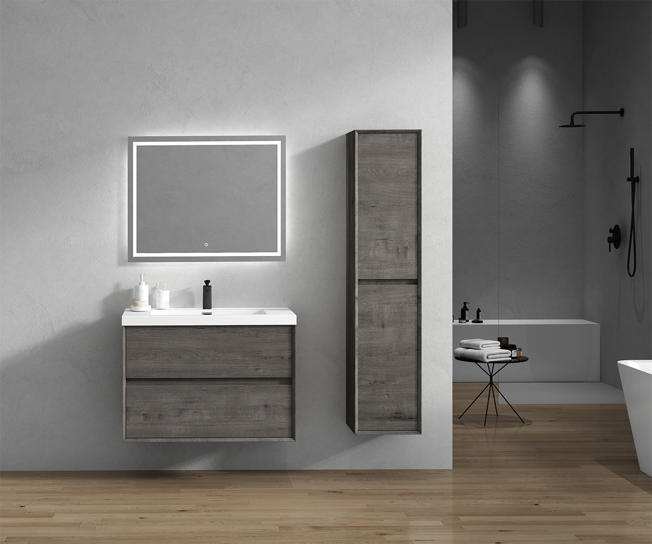 Kingdee 36" Smoke Oak Wall Mounted Vanity with Reinforced Acrylic Sink